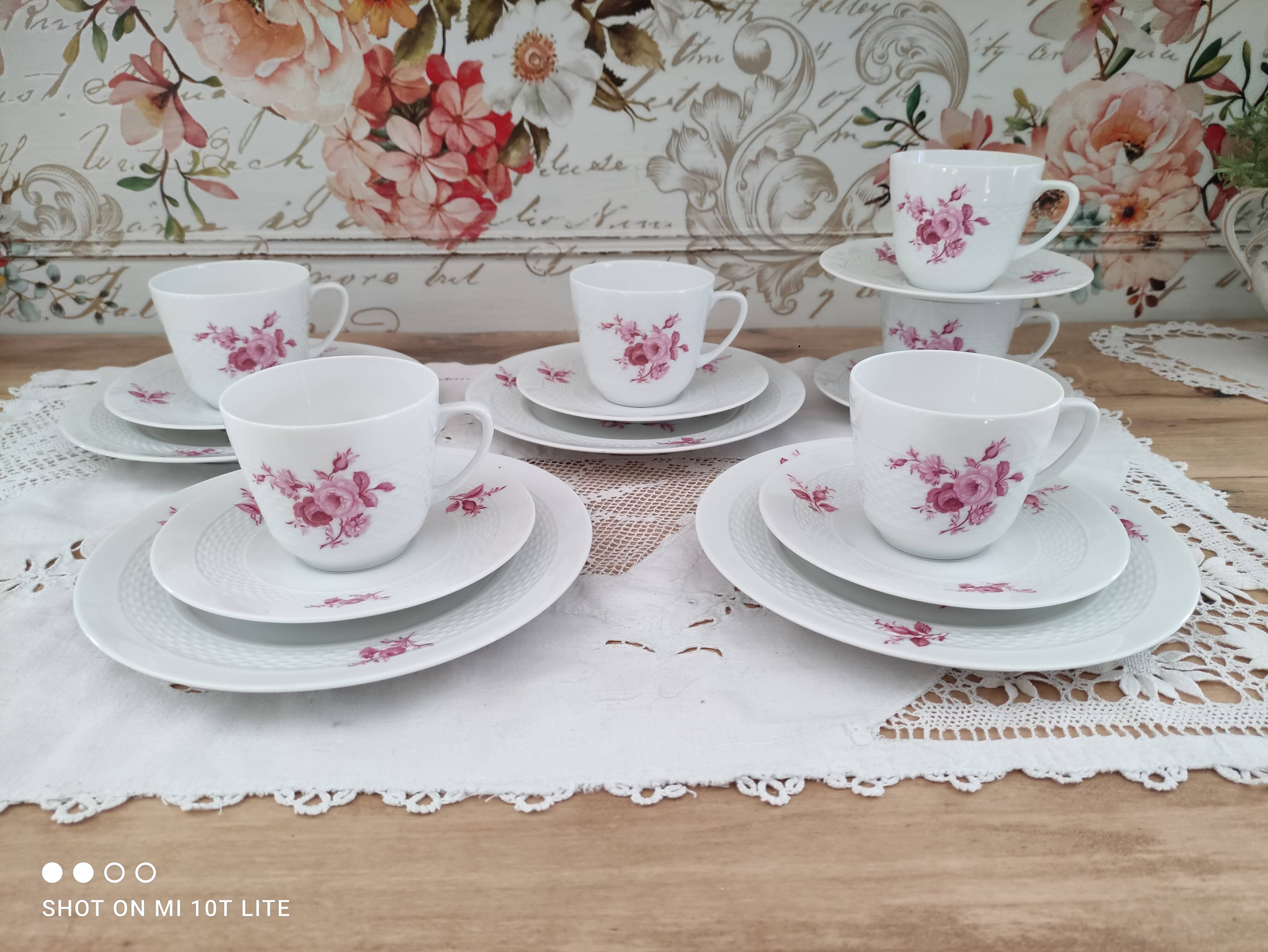 Coffee set 16 pieces porcelain bavaria white décor pink roses