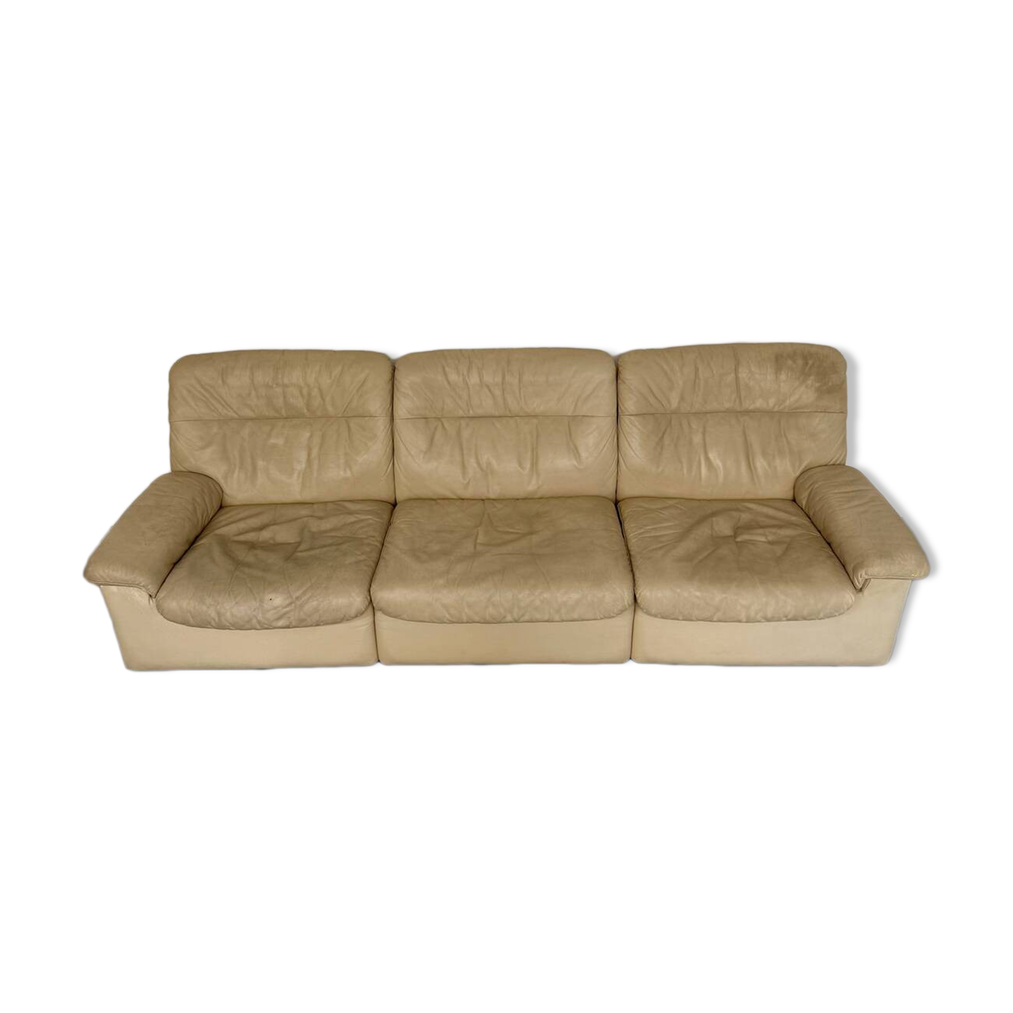 Old 3-seater beige leather sofa designed by Carl Larsson De Sede, vintage 80s