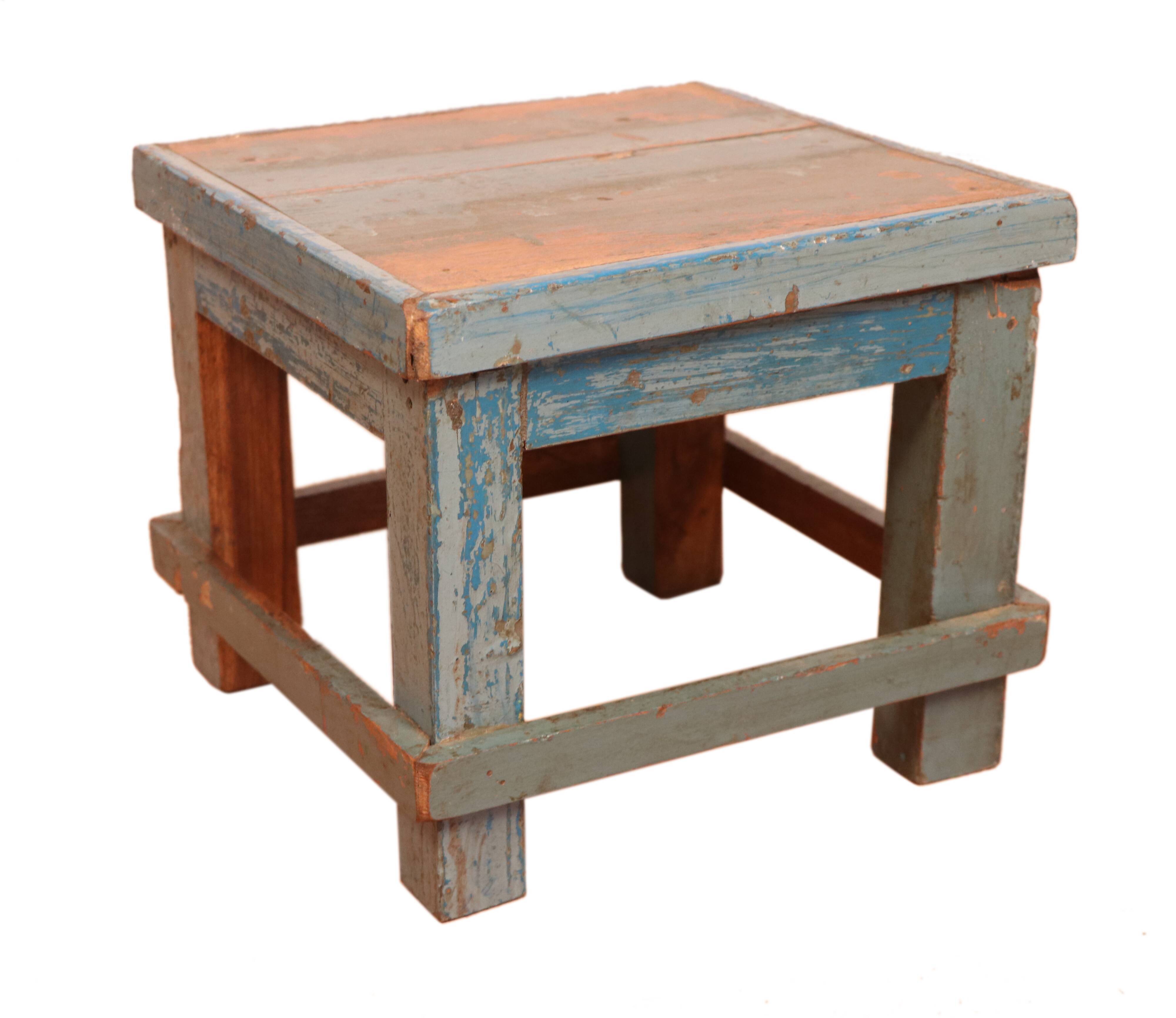 Old small workshop bedside table in Burmese teak original blue patina / ideal in fifth wheel p