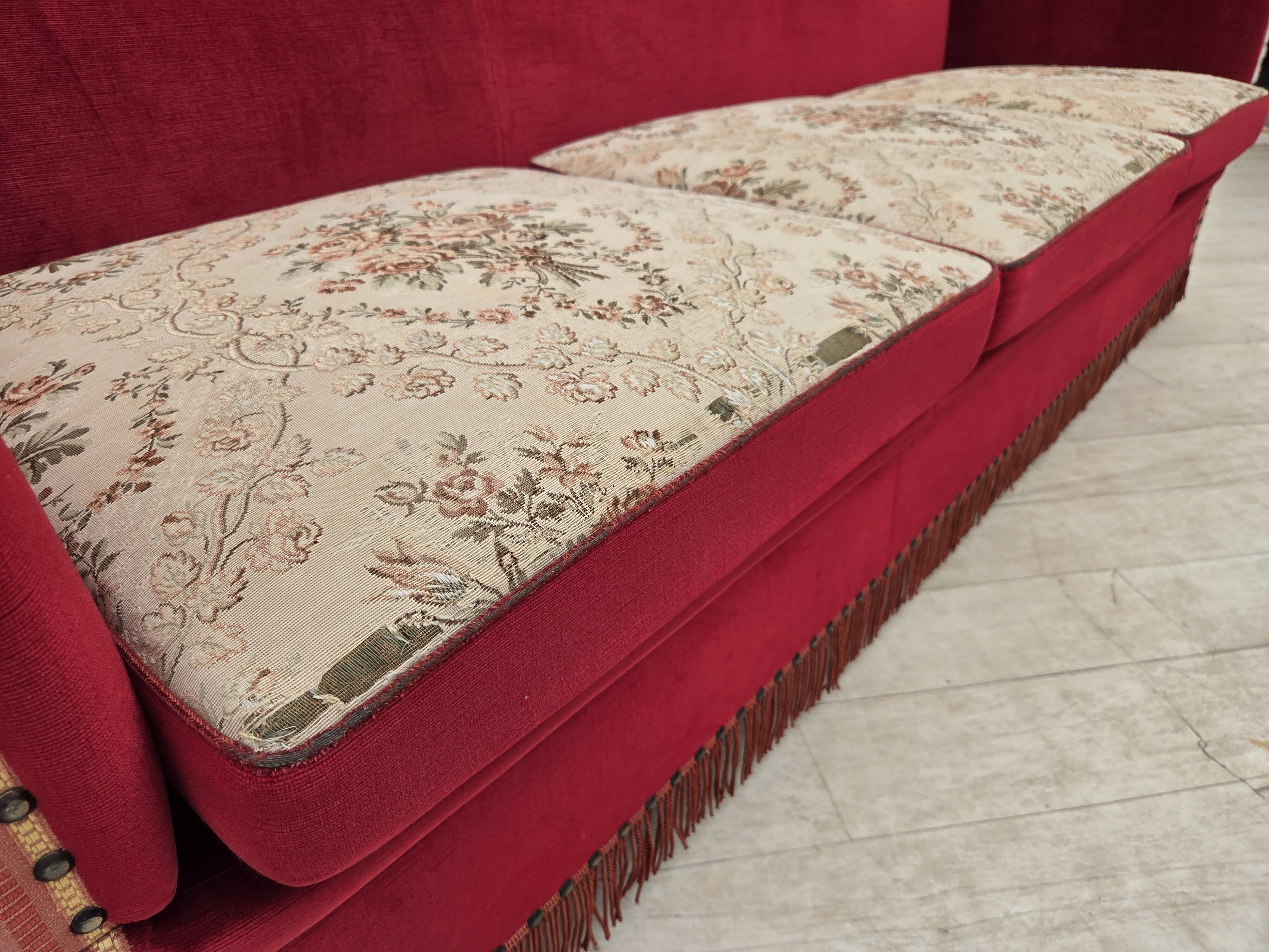 1970s, Danish 3-seater drop arm "Spanish" sofa, red furniture velour.