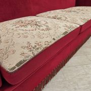1970s, Danish 3-seater drop arm "Spanish" sofa, red furniture velour.