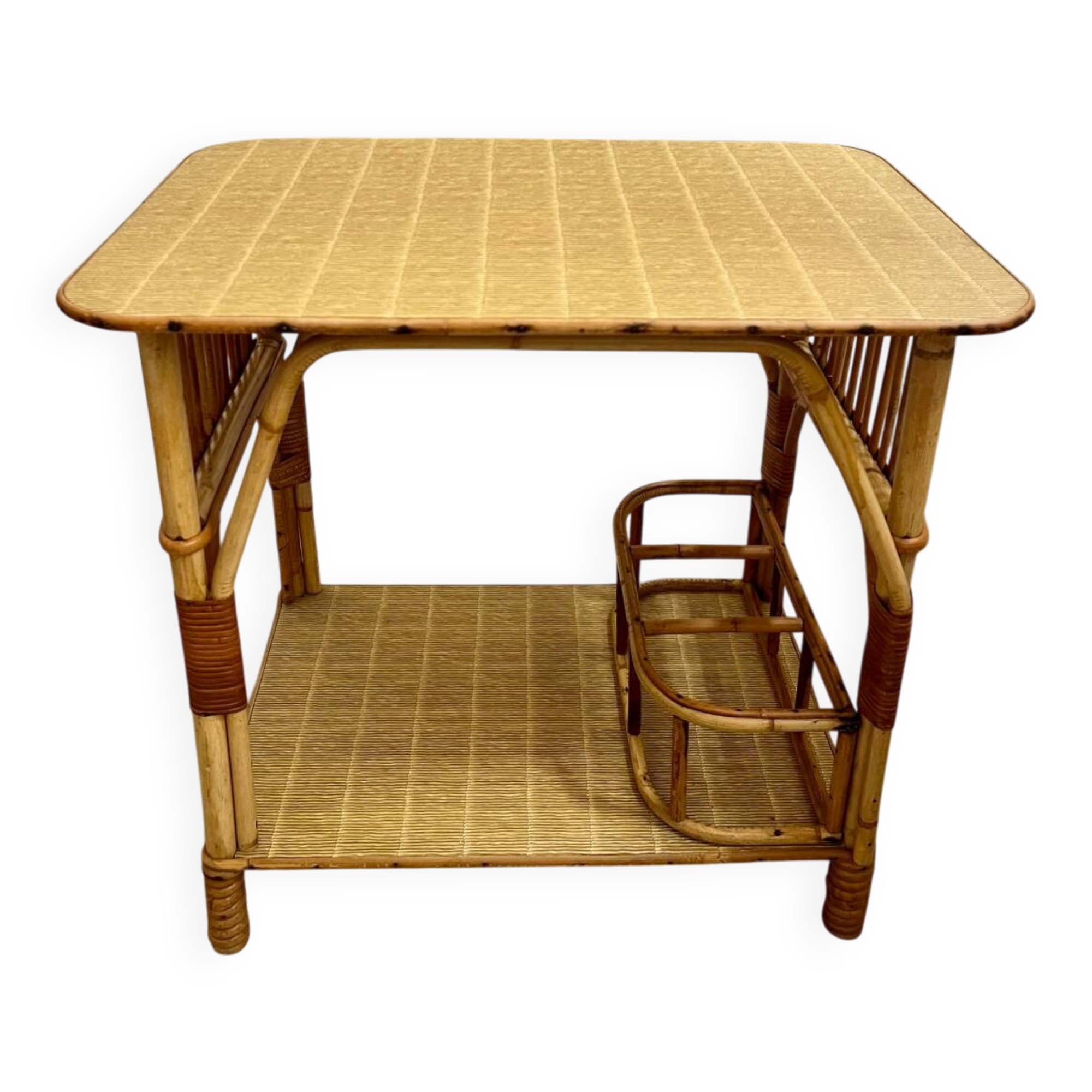 Desserte bar en rotin vintage 2 niveaux