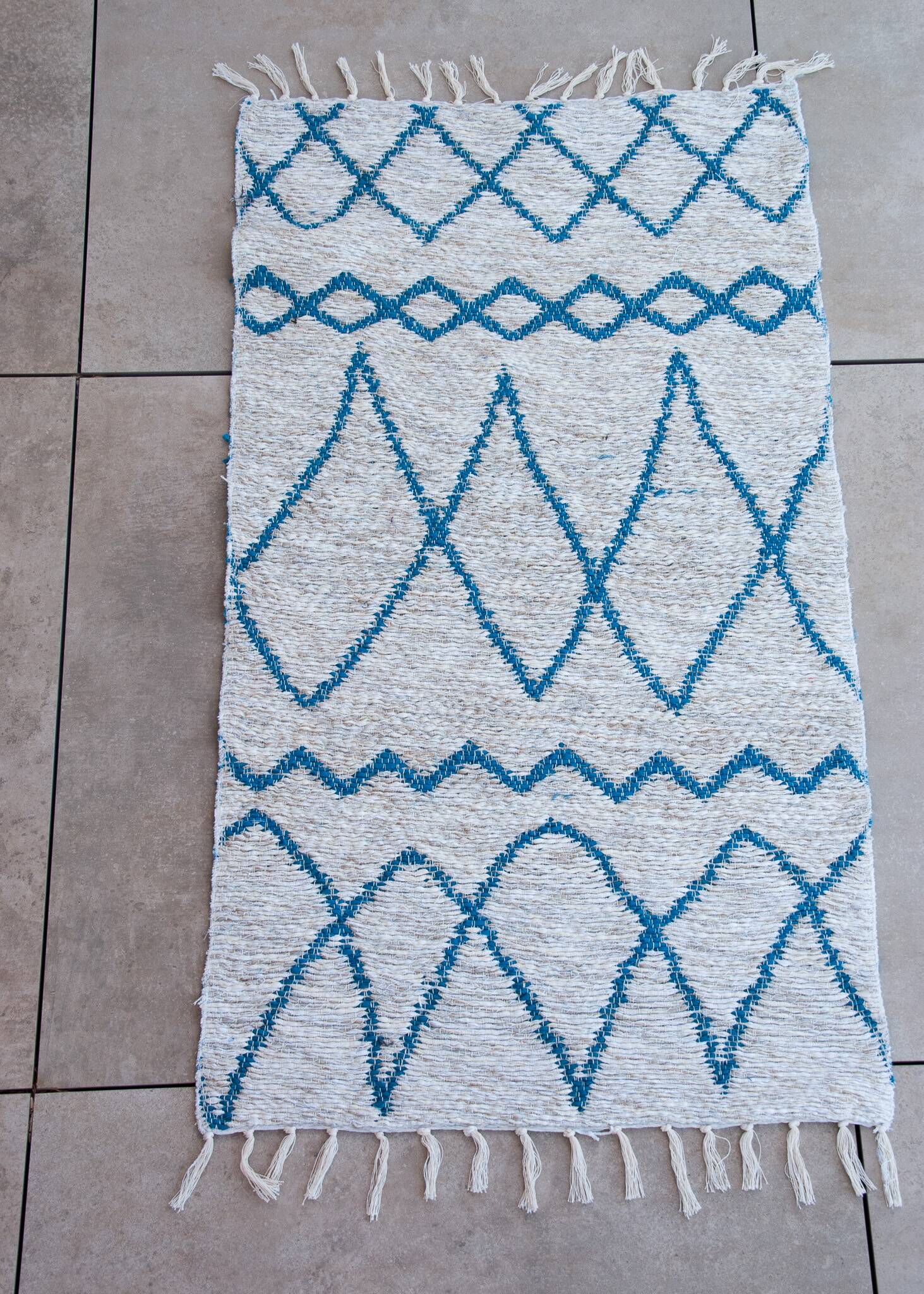 Recycled cotton handcrafted rug - Reversible - Blue