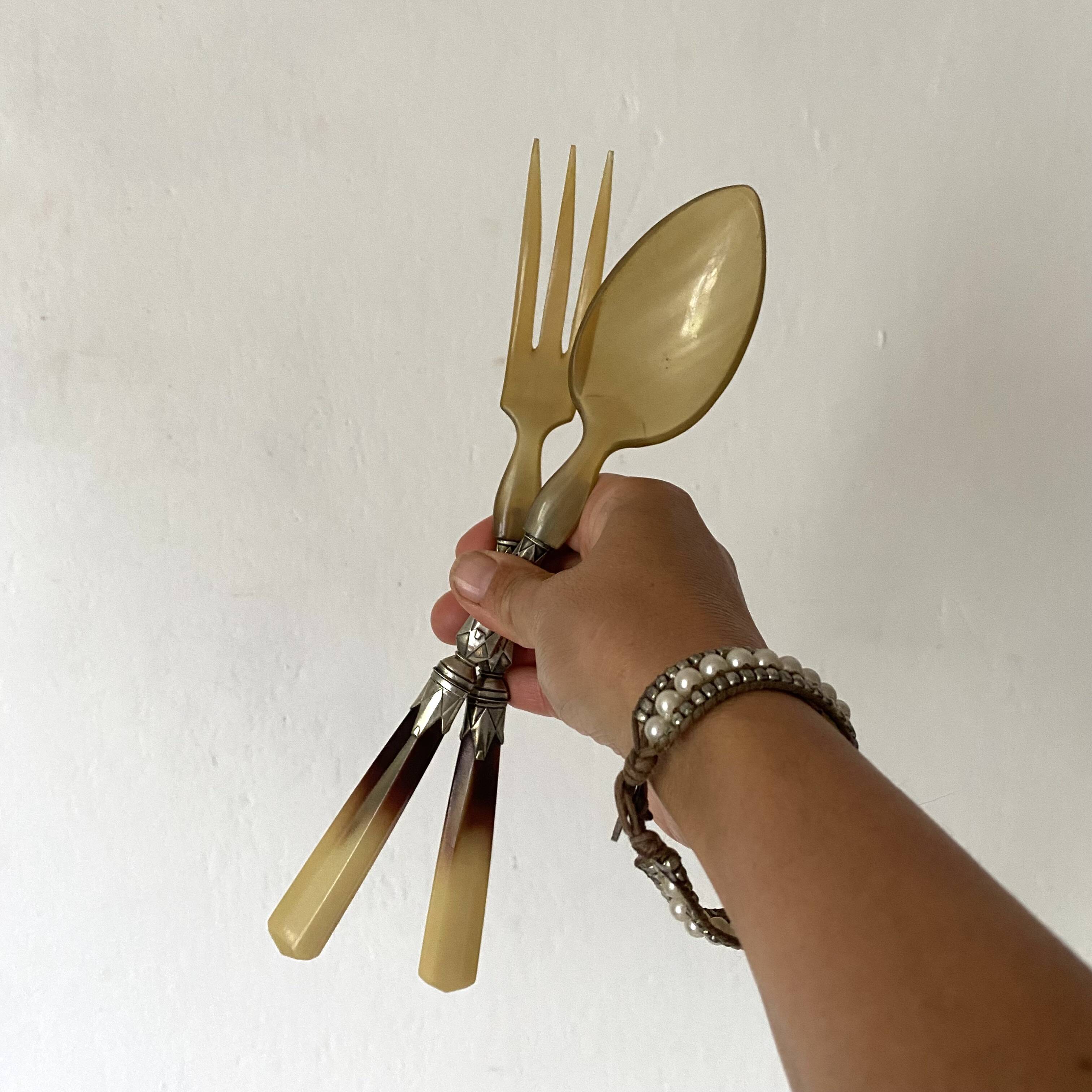 Antique silver plated and horn salad servers