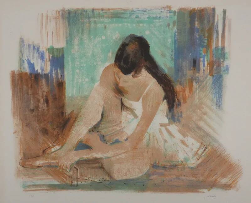 Paul COLLOMB: Dancer on a green background, original signed lithograph.