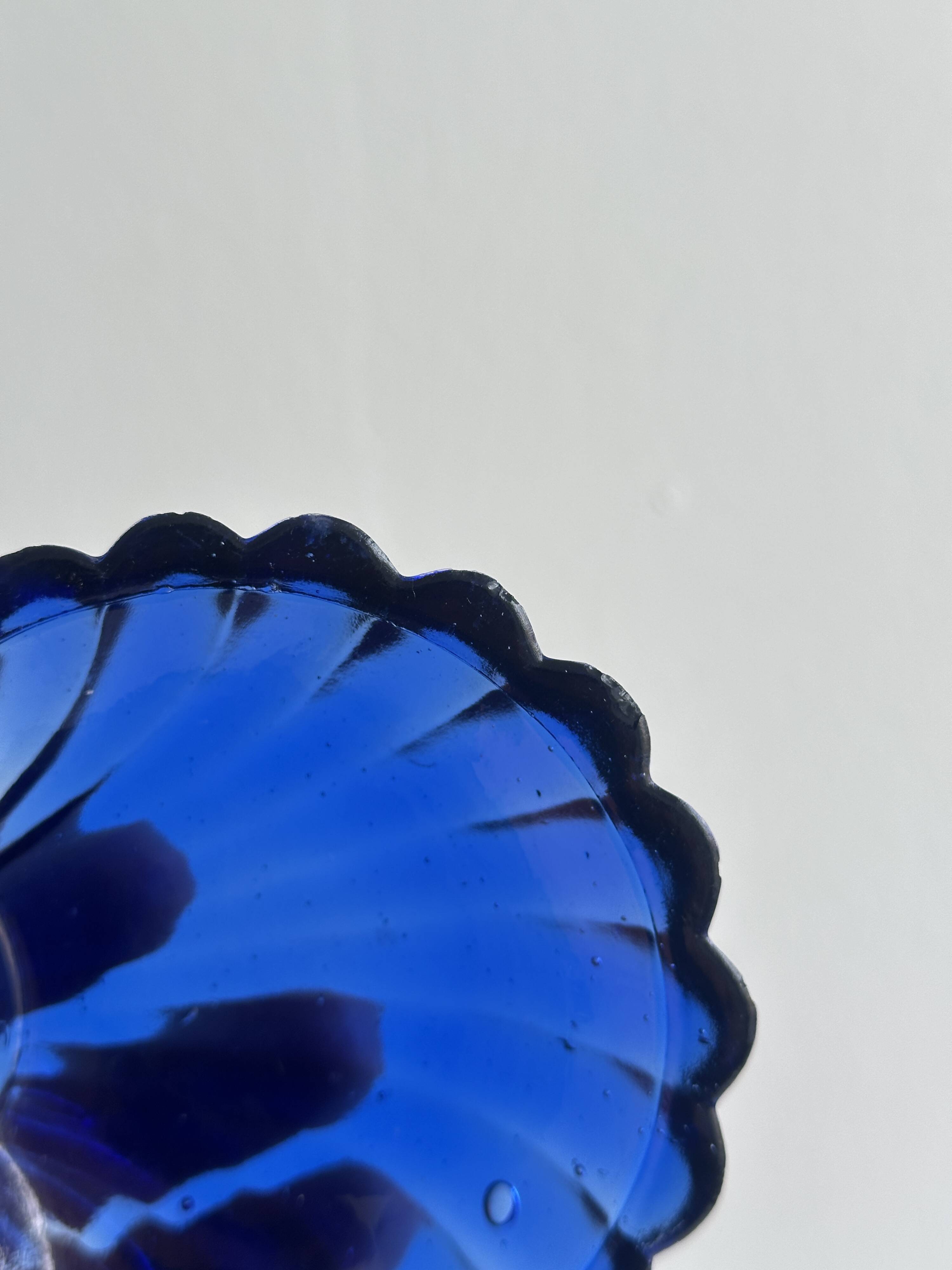 Antique shell butter dish in silver metal and blue glass