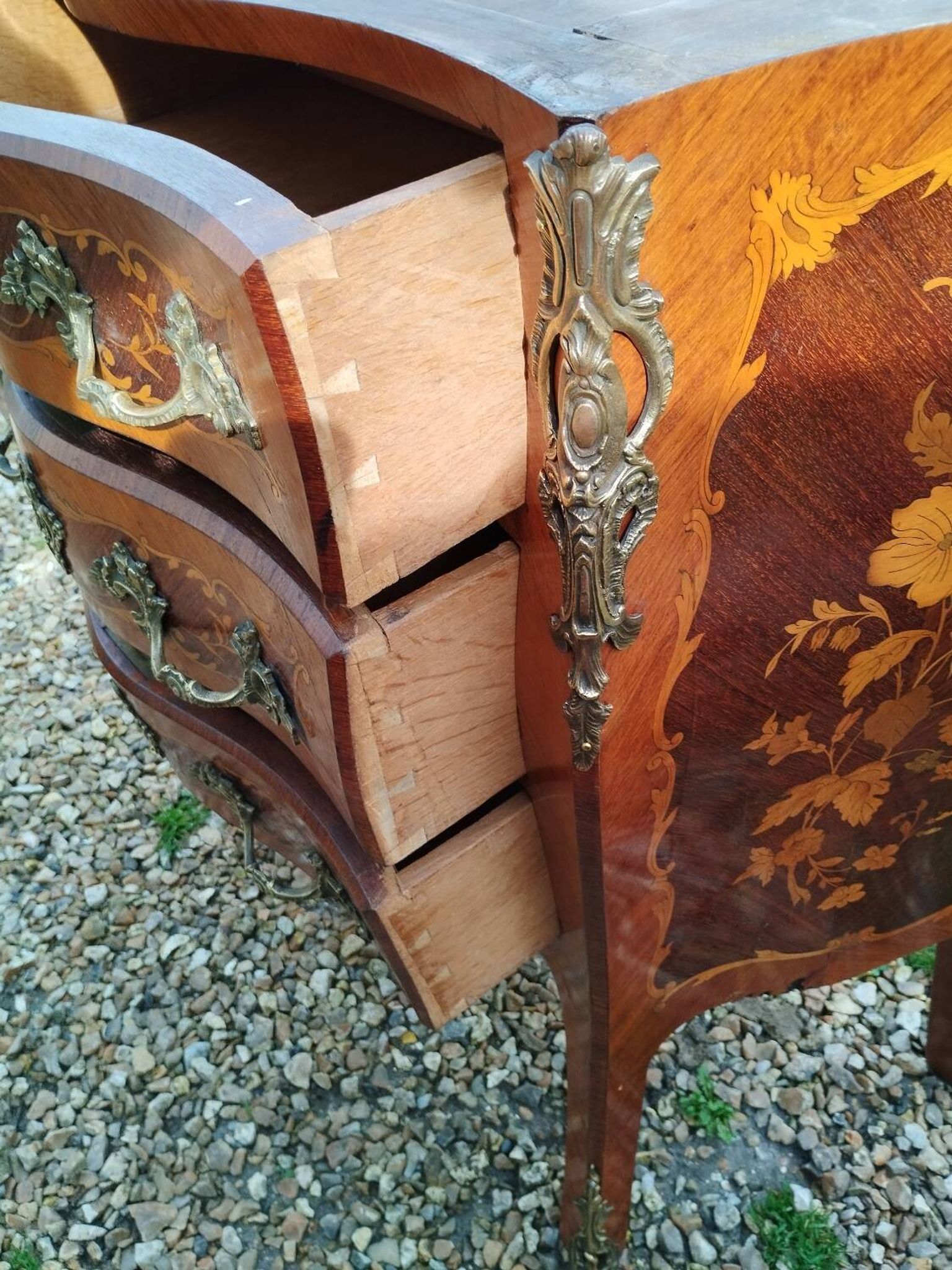 Louis xv style marble top marquetry chest of drawers