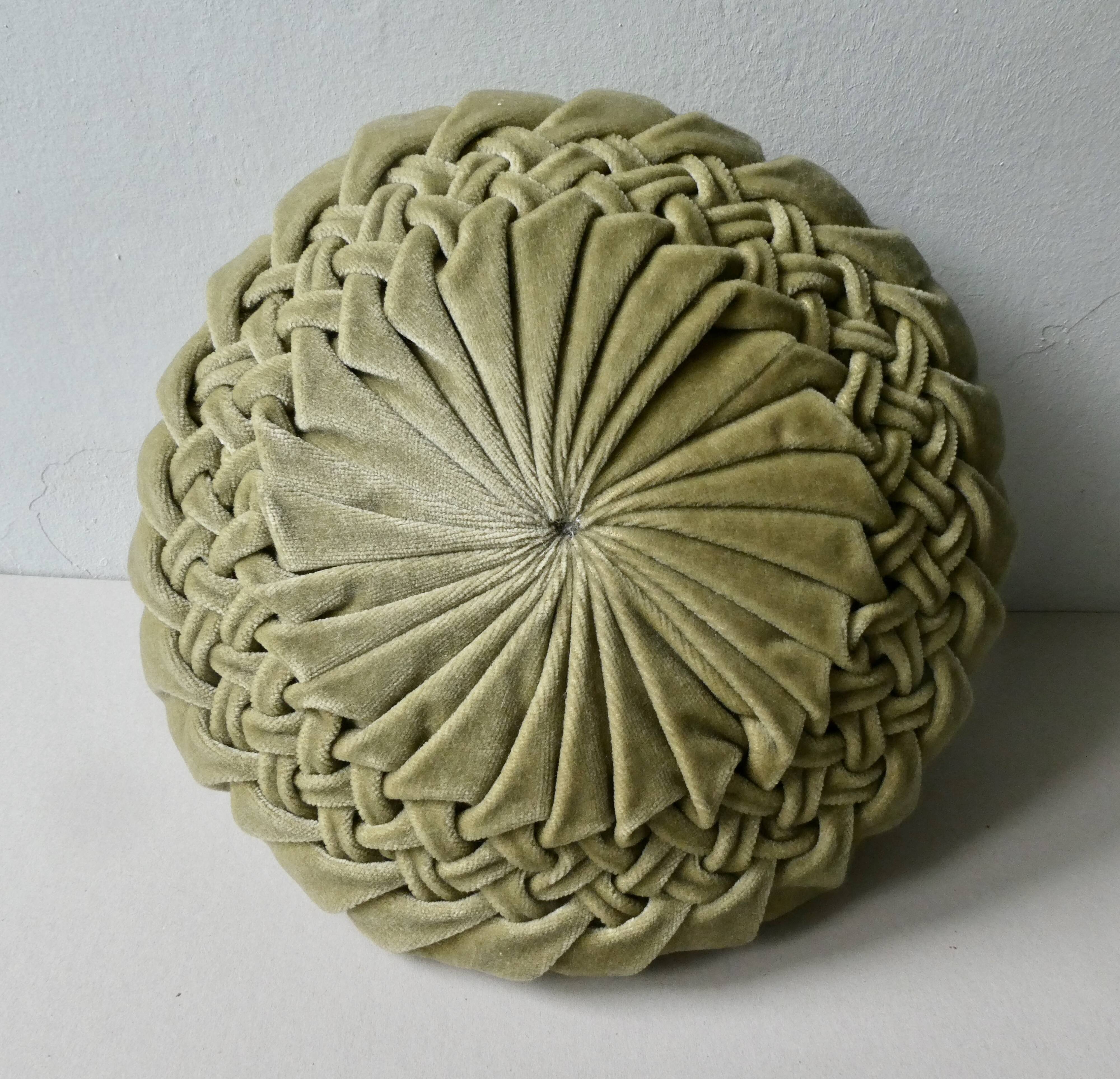 Pleated round cushion, almond green velvet