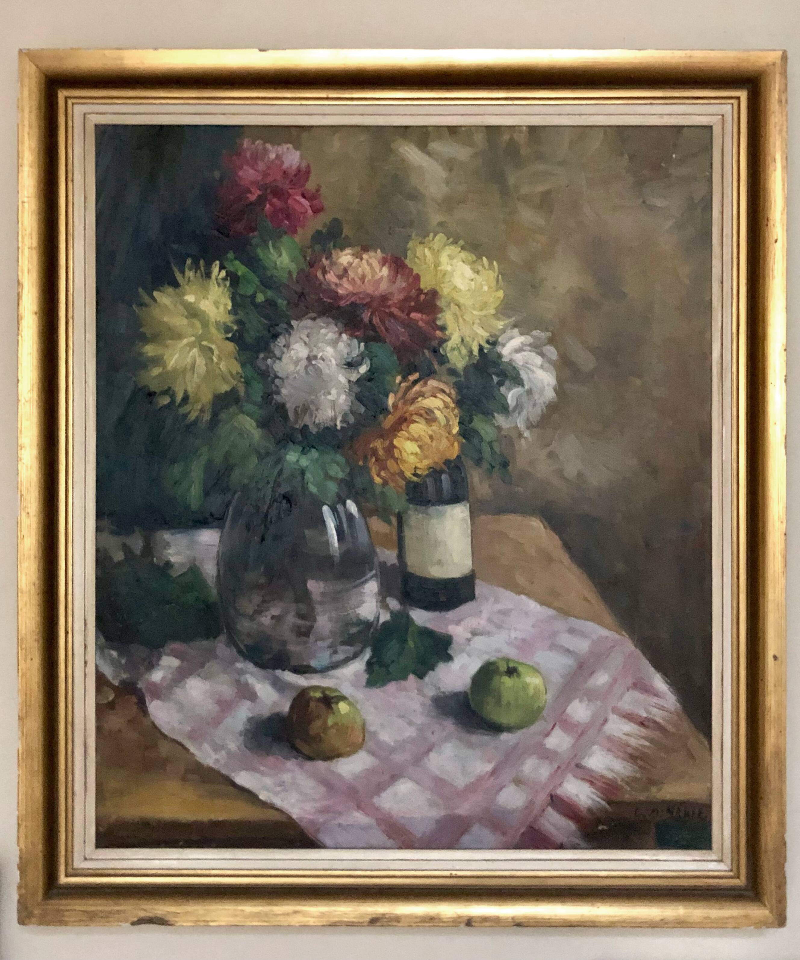 Large still life painting oil on canvas HST flowers wine