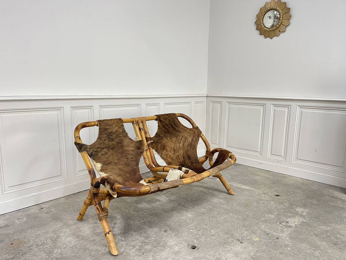 Rattan leather bench 1970