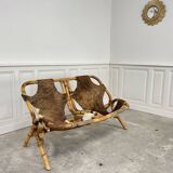 Banquette cuir rotin 1970