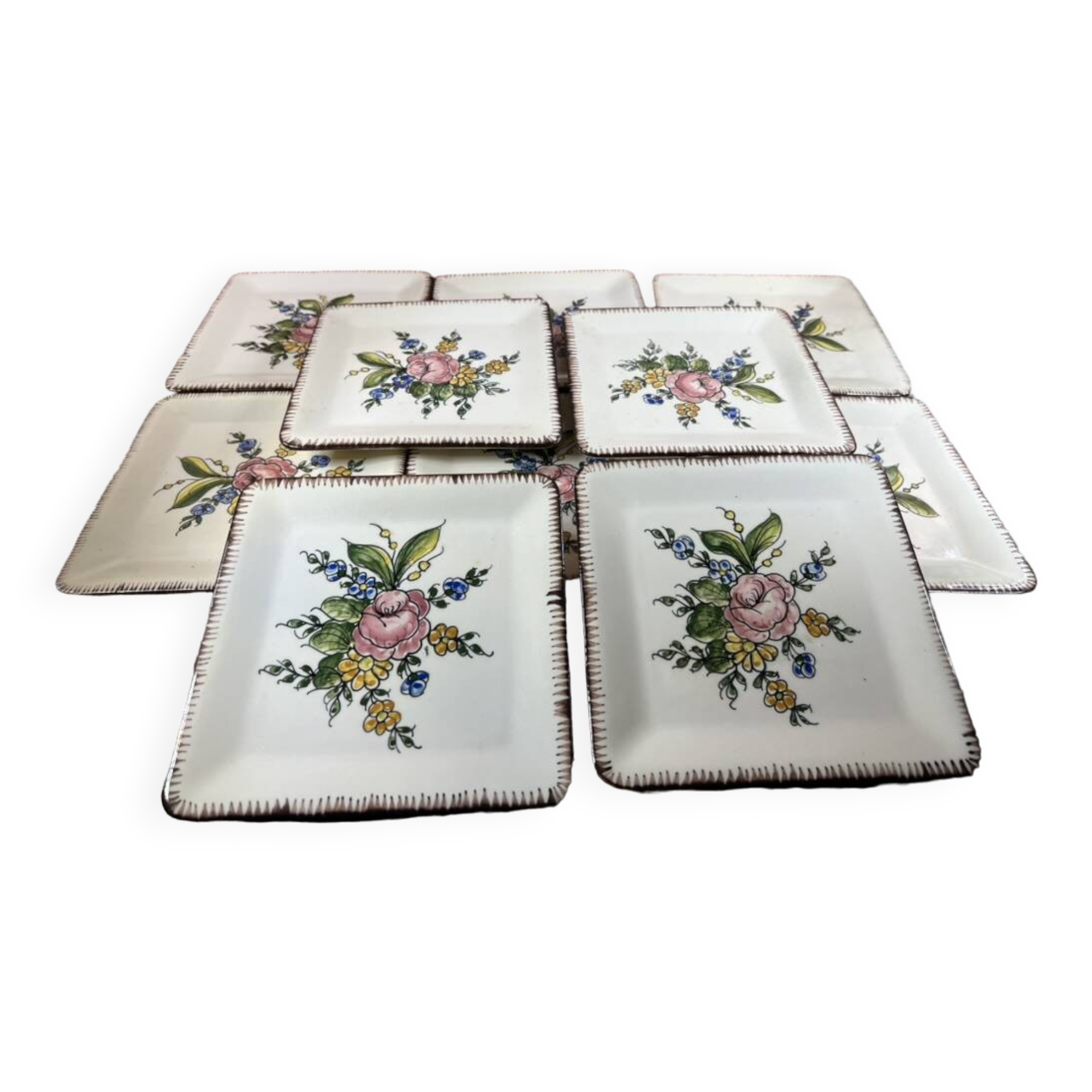 10 Square Dessert Plates by Emile Tessier, Malicorne