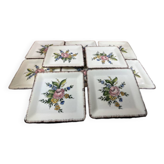 10 Square Dessert Plates by Emile Tessier, Malicorne