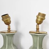 Two celadon-colored ceramic lamp bases