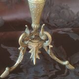 Electrified candlestick lamp, bronze tripod table lamp with goat's feet