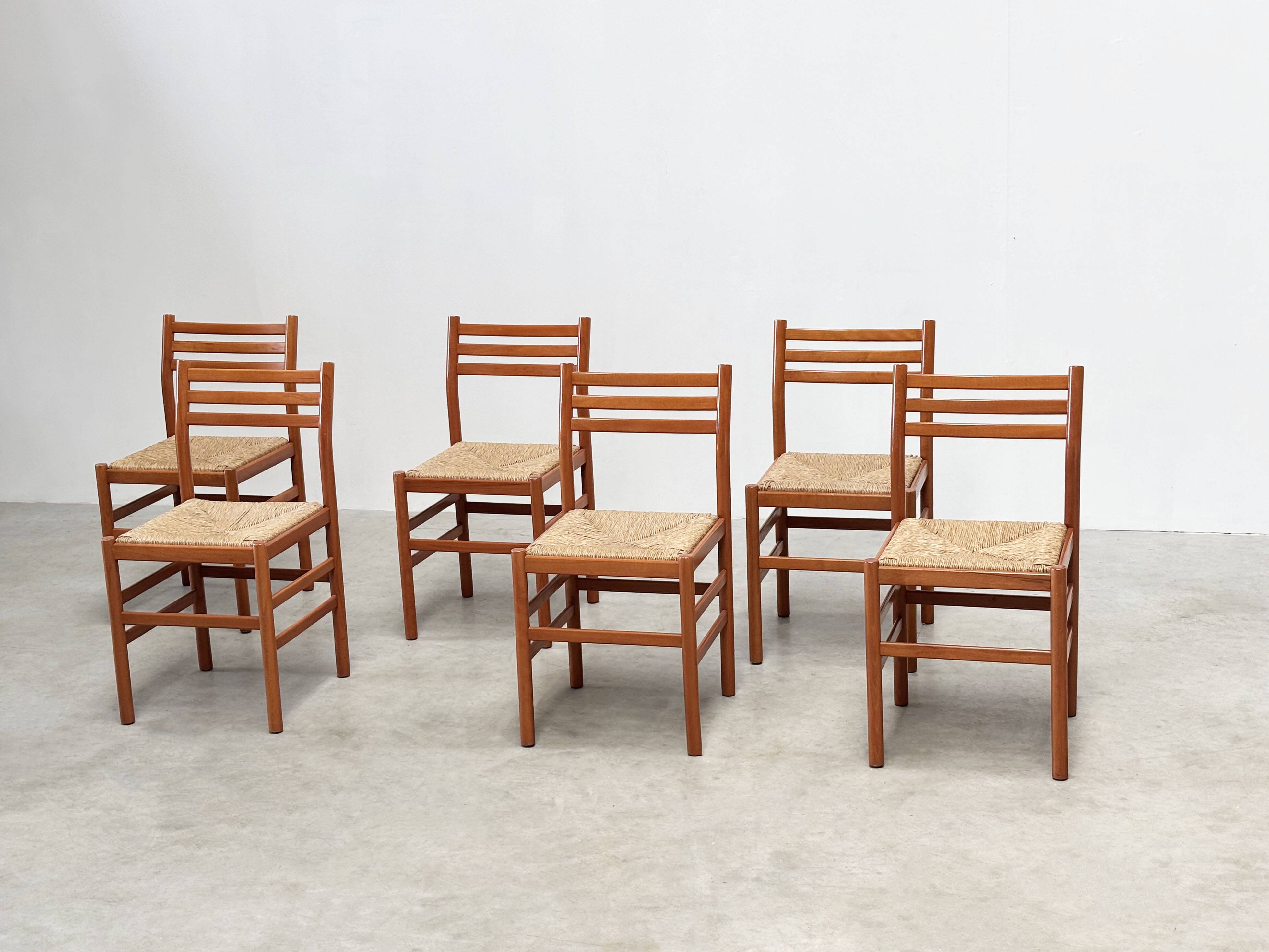 Set of six walnut and rattan dining chairs