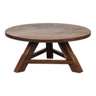 Large Round Rustic Brutalist Oak Coffee Table