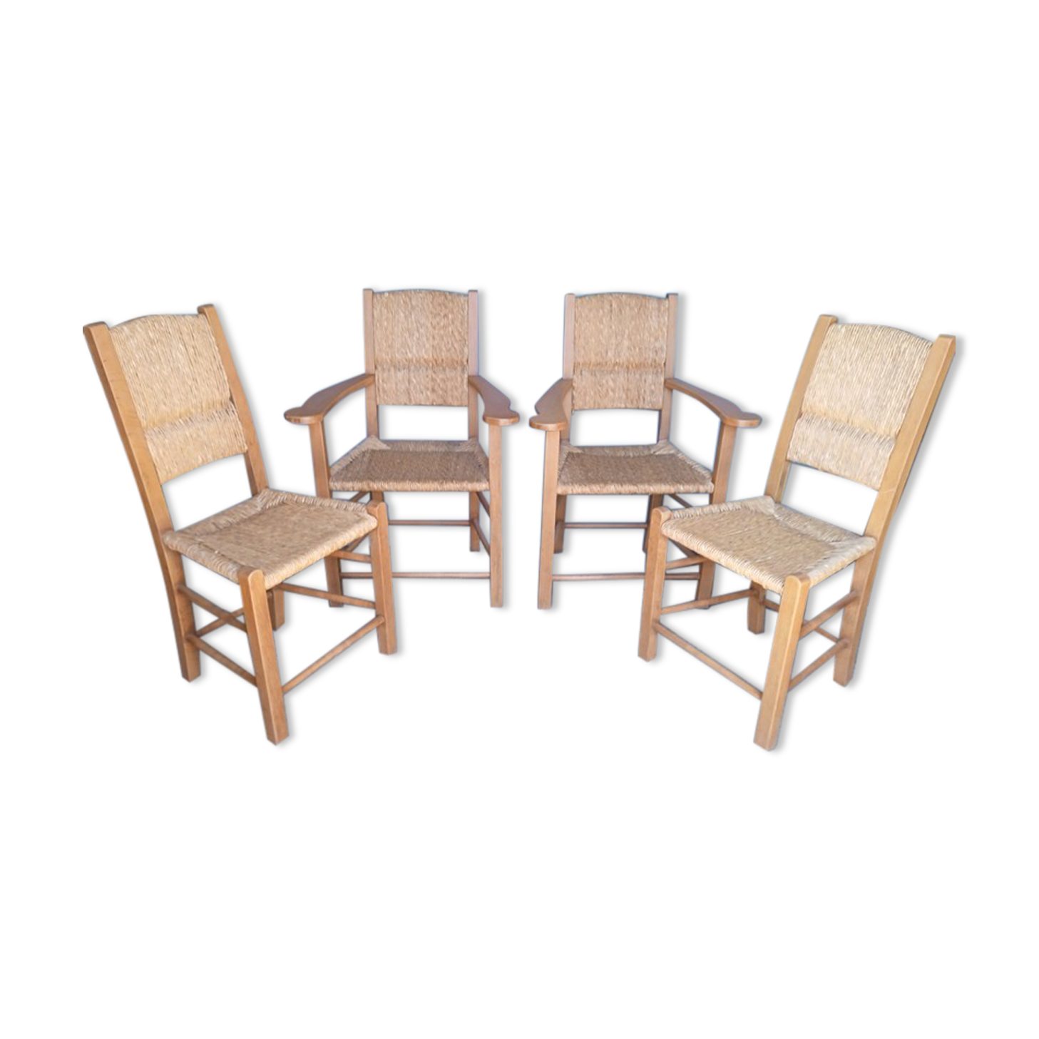 Lot 2 armchairs and 2 chairs design wood and straw period 1970
