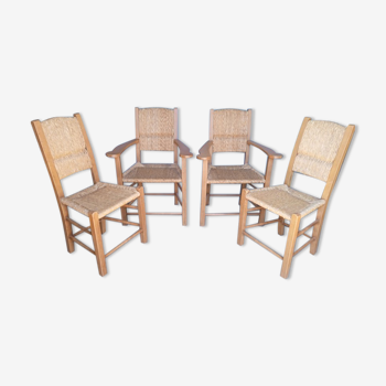 Lot 2 fauteuils et 2 chaises design bois et paille epoque 1970