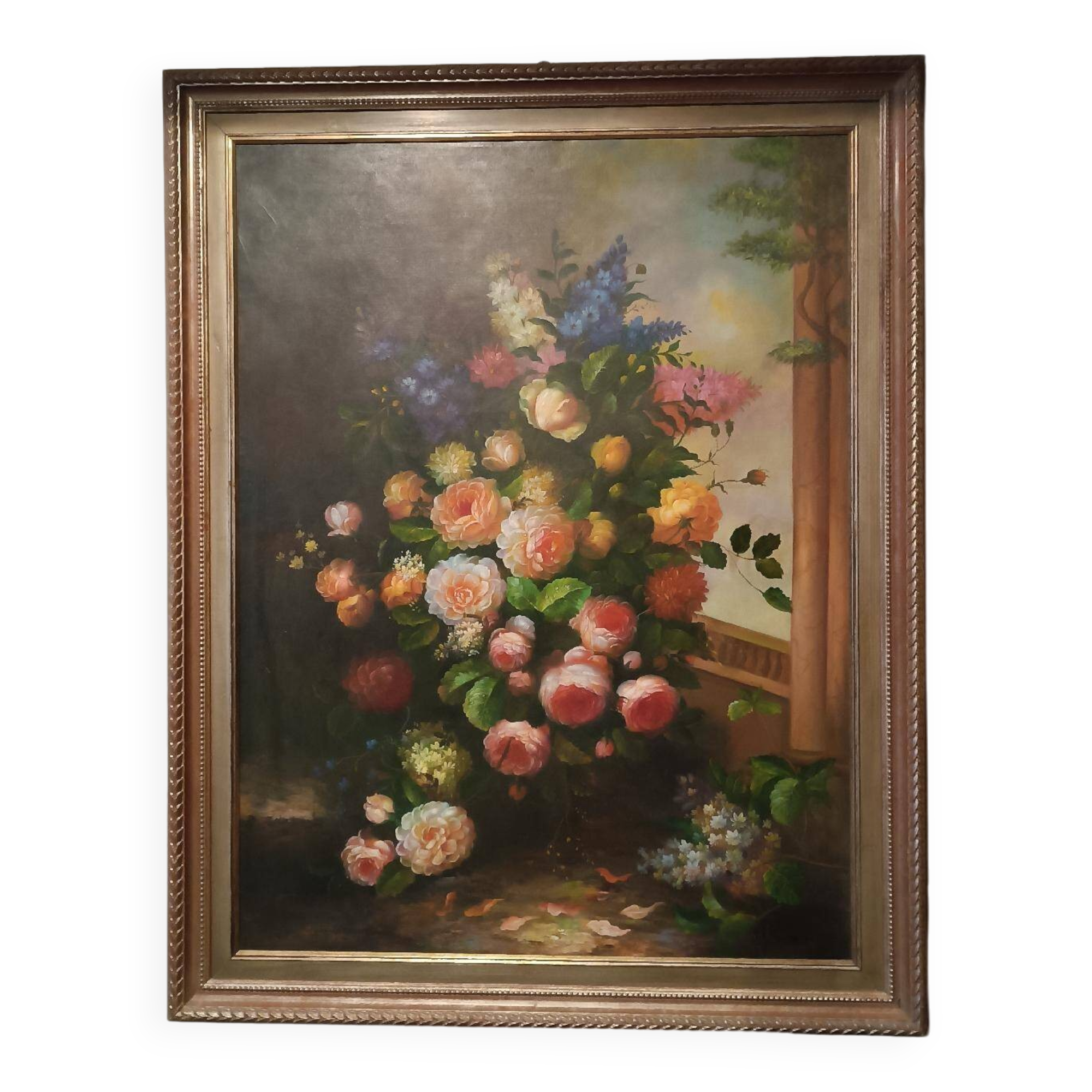 Grand tableau - huile sur toile - vase de fleurs - signé Arcangelo Monzio Compagnoni