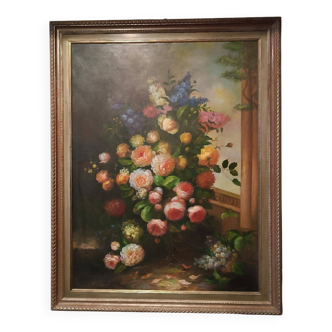 Grand tableau - huile sur toile - vase de fleurs - signé Arcangelo Monzio Compagnoni