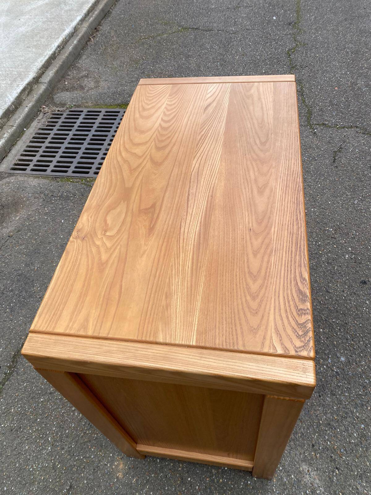 Glass-fronted Scandinavian oak sideboard from the 1980s.