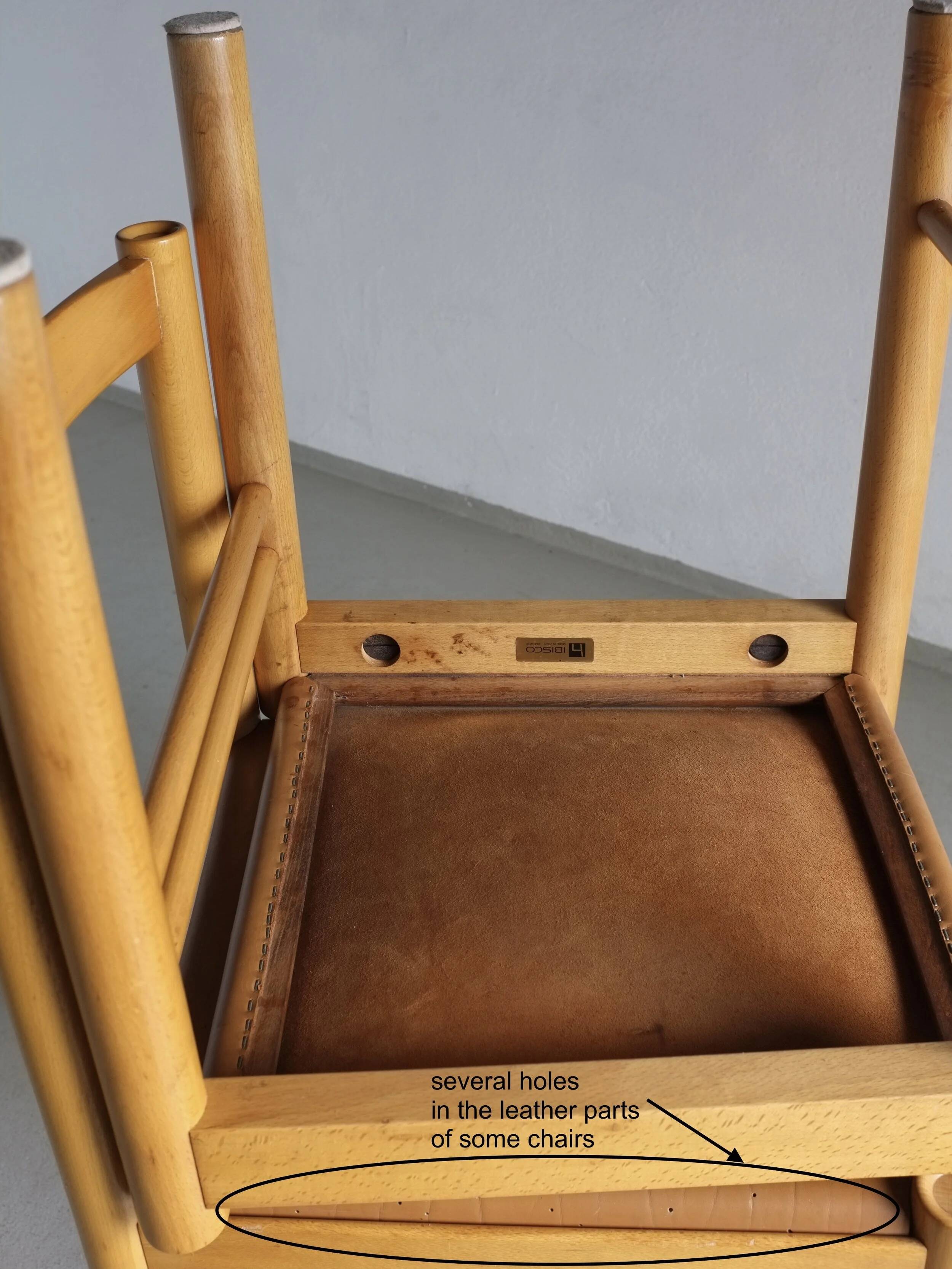 6 beech wood cognac leather chairs | Ibisco | Italy | 1960s