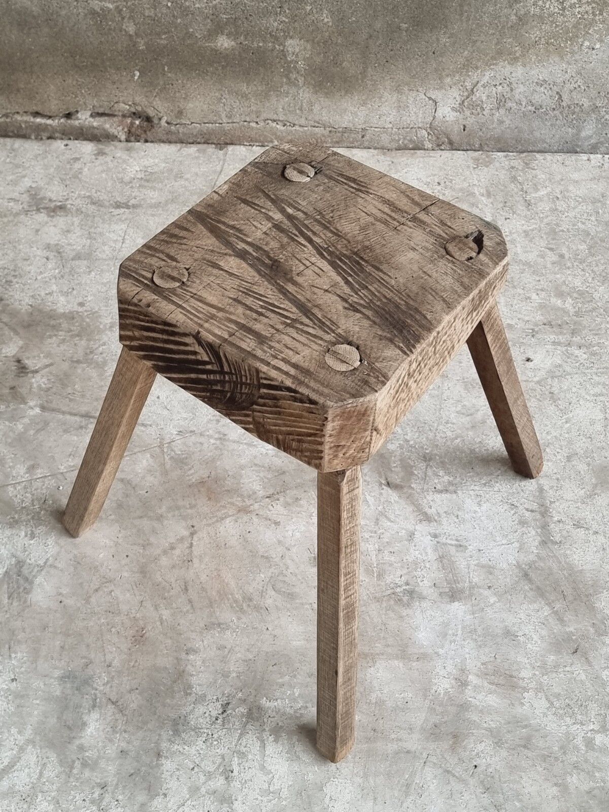 Antique stool rustic side table oak wood
