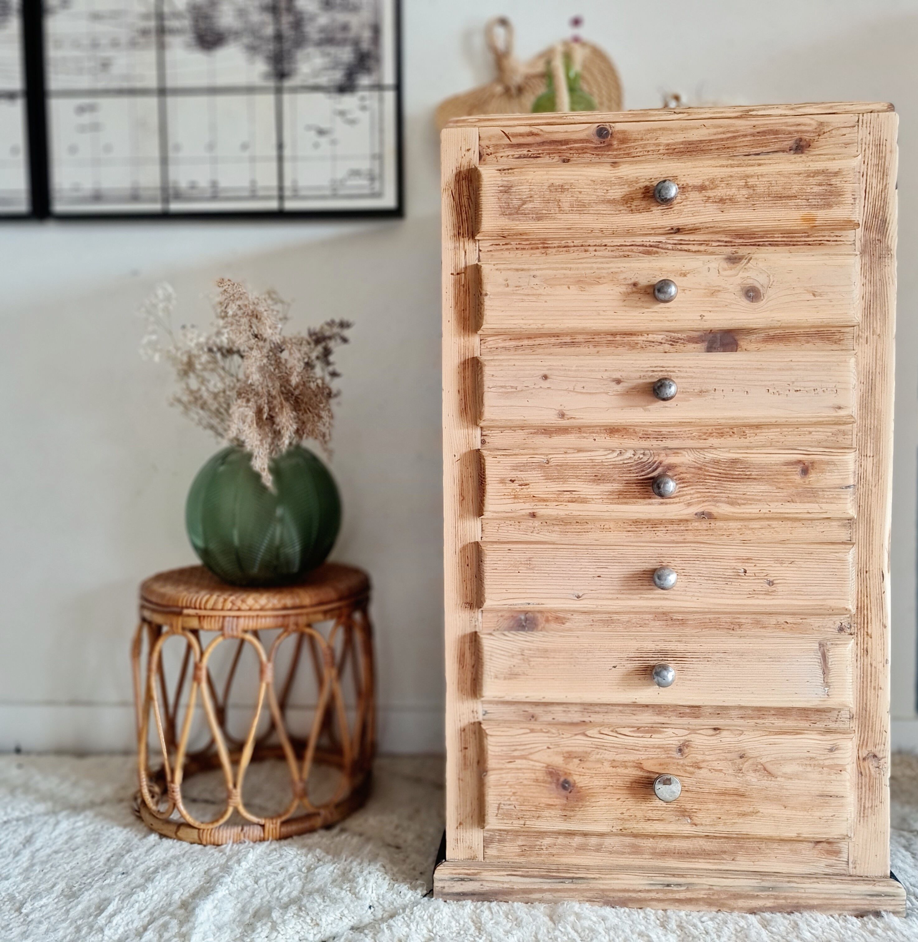 Old wooden chest of drawers raw and black wood