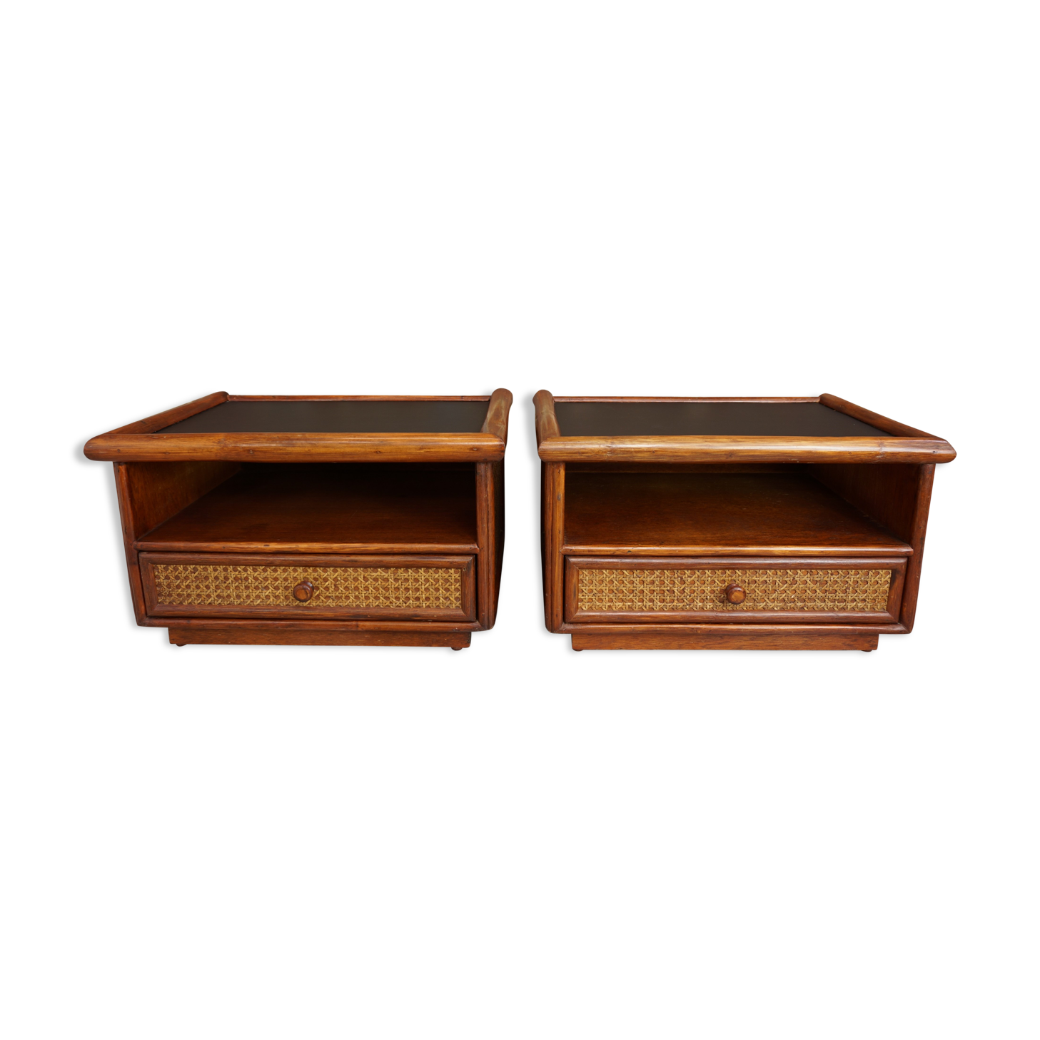 Pair of wooden bedside tables, rattan, canning and faux black leather