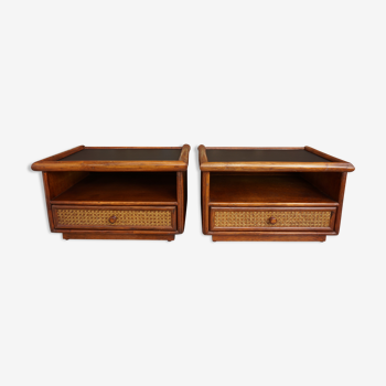 Pair of wooden bedside tables, rattan, canning and faux black leather