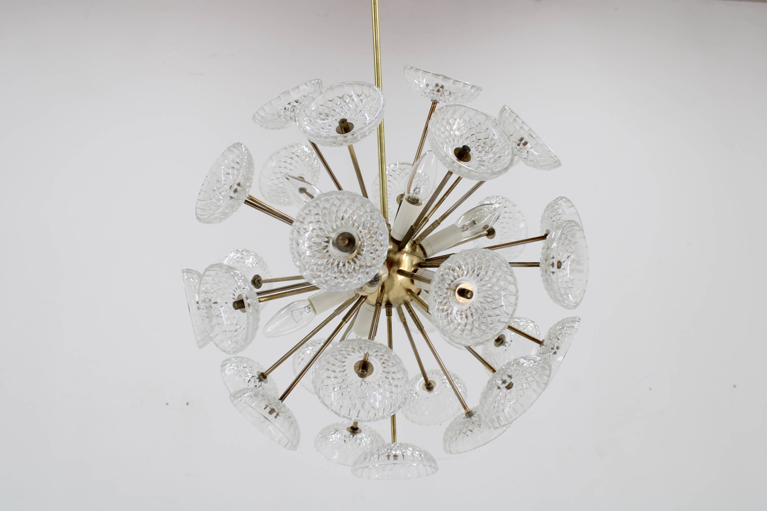 1970s Glass Dandelion Chandelier in Brass Finish by Kamenicky Senov, Czechoslovakia