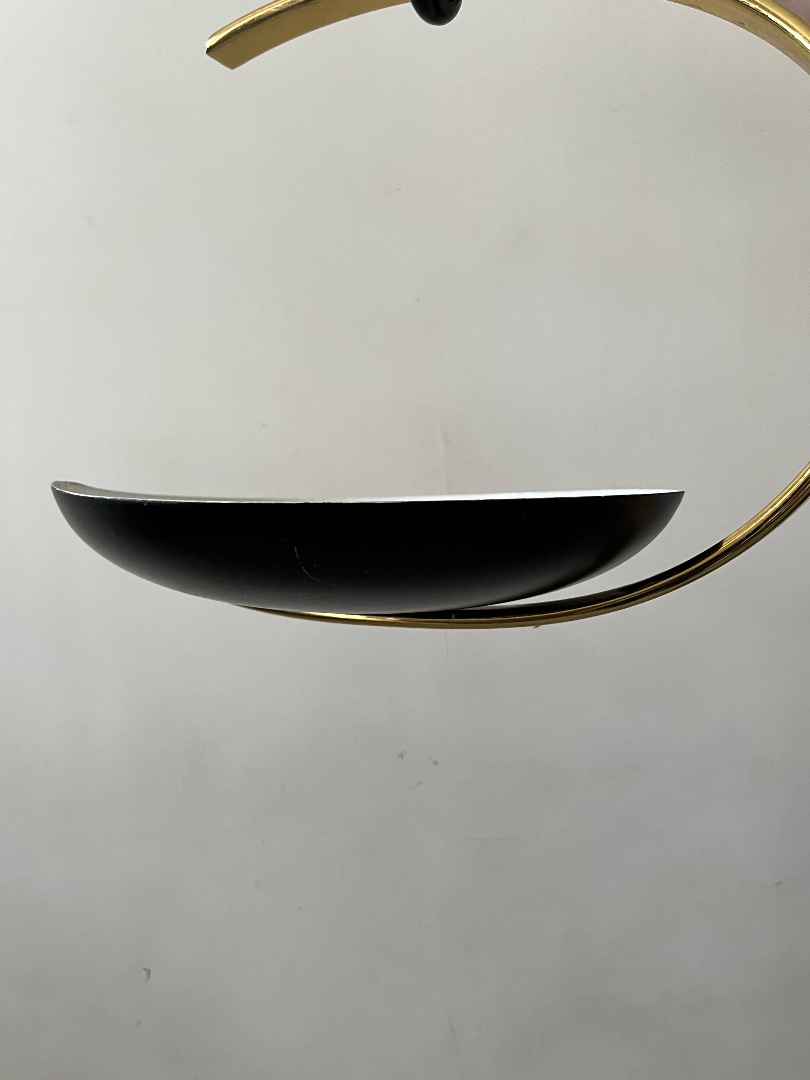 Black metal and brass arc pendant light "Les Activités" by Lucien Gau, Paris 1960