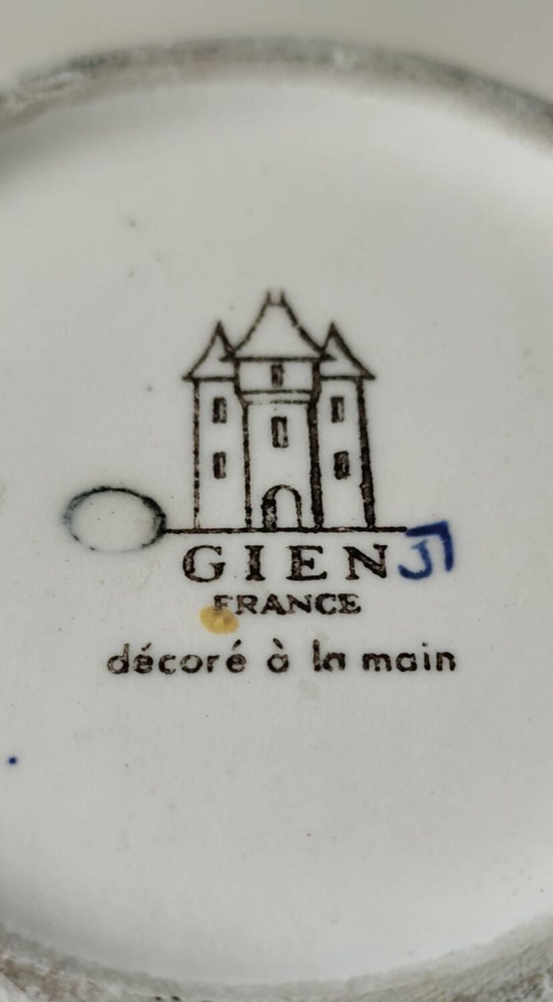 Twisted design vase. Signed Gien France/Renaissance blue background 26 x 13cm
