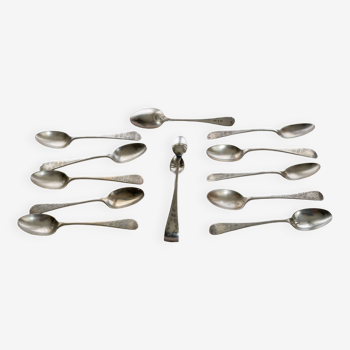 Box of old English coffee or tea spoons and their sugar tongs, silver plated