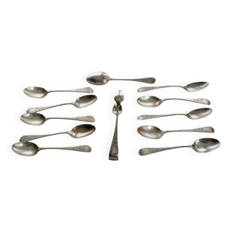 Box of old English coffee or tea spoons and their sugar tongs, silver plated