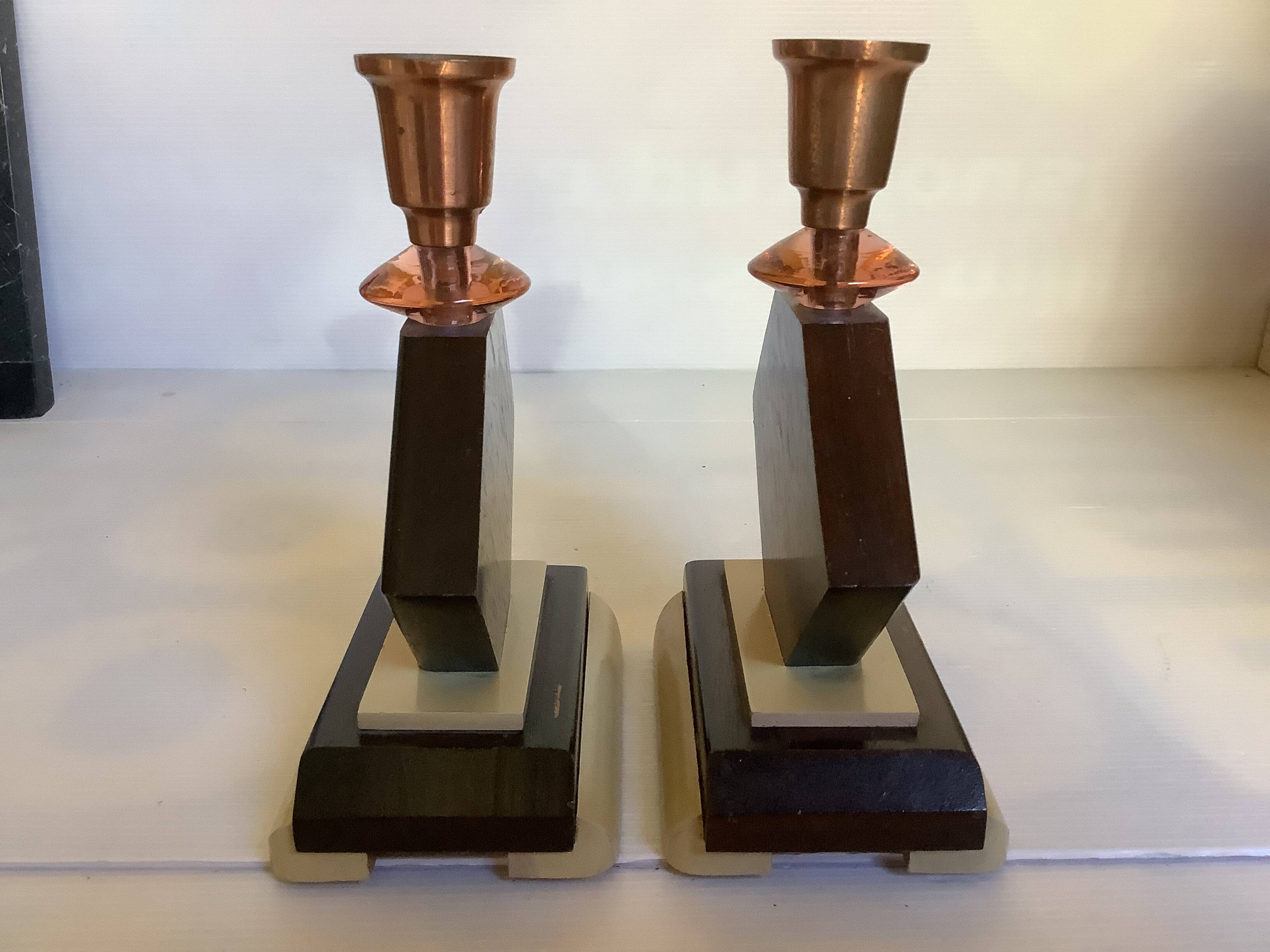 Pair of geometric wooden candlesticks from the 1950s.