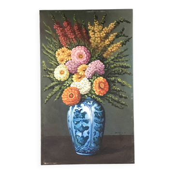 Tableau bouquet de dahlias signé Decock 66