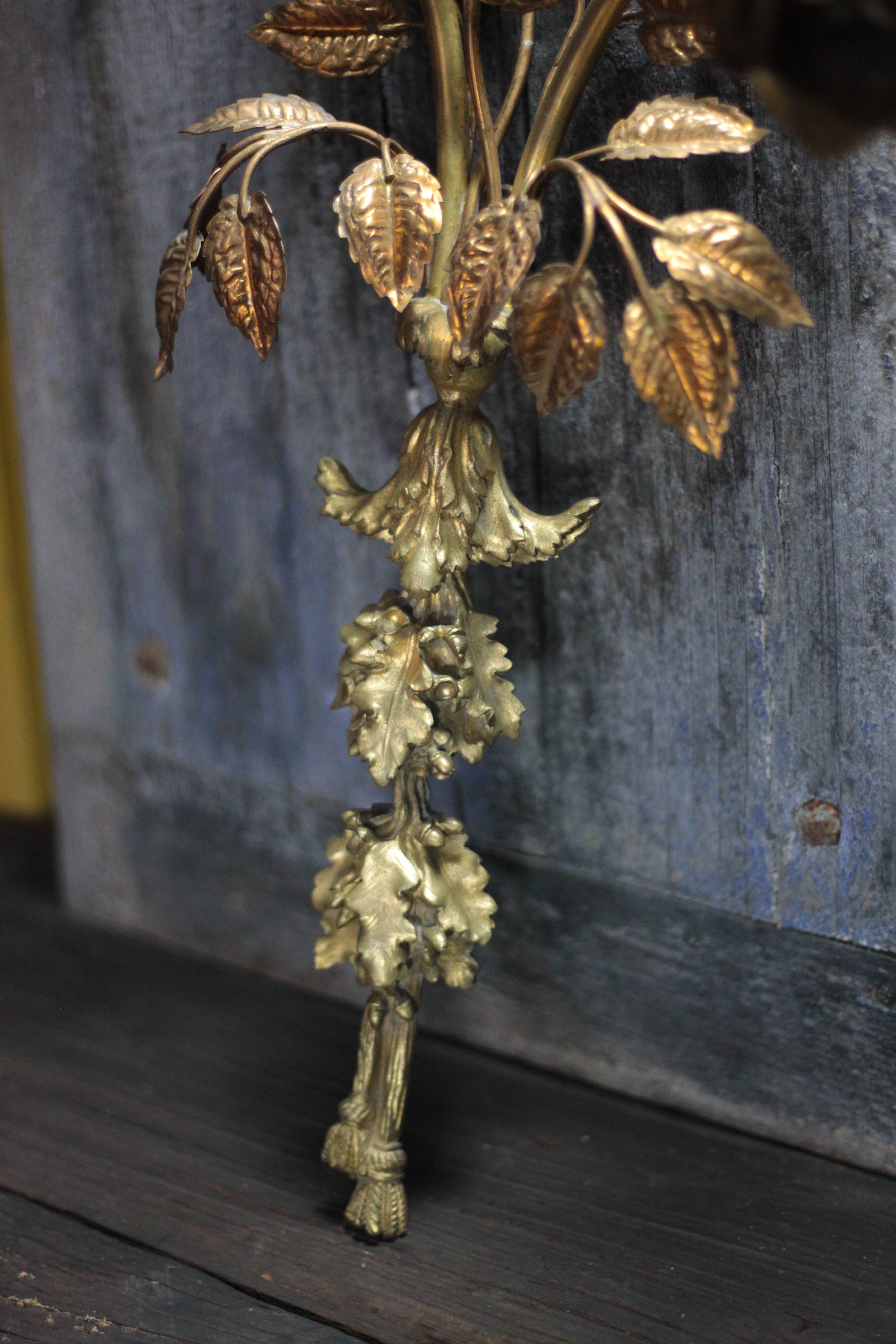 Pair of bronze and gold metal floral wall sconces, flower wall lamp.