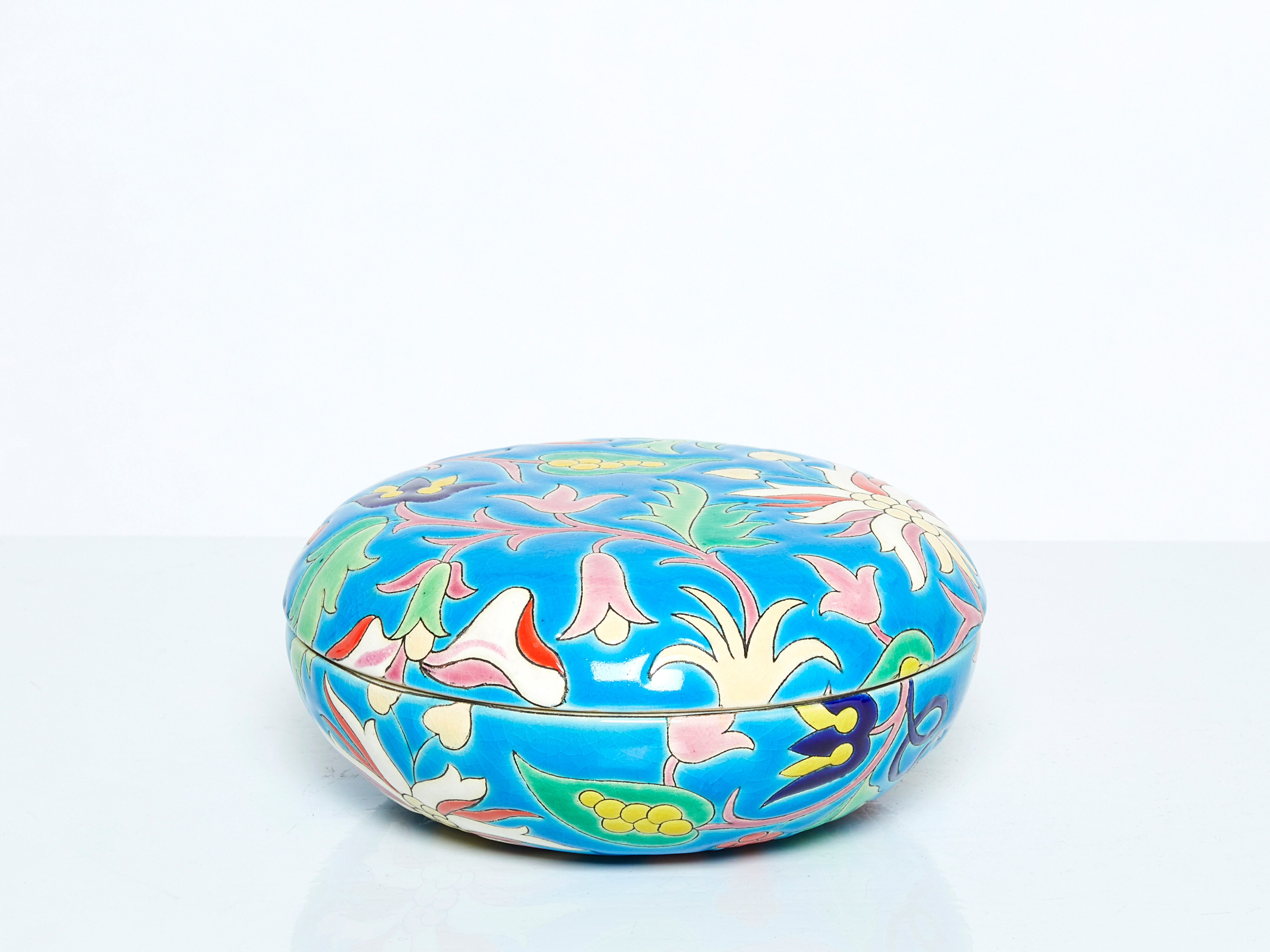 Large round box turquoise blue Art Deco Emaux de Longwy 1950