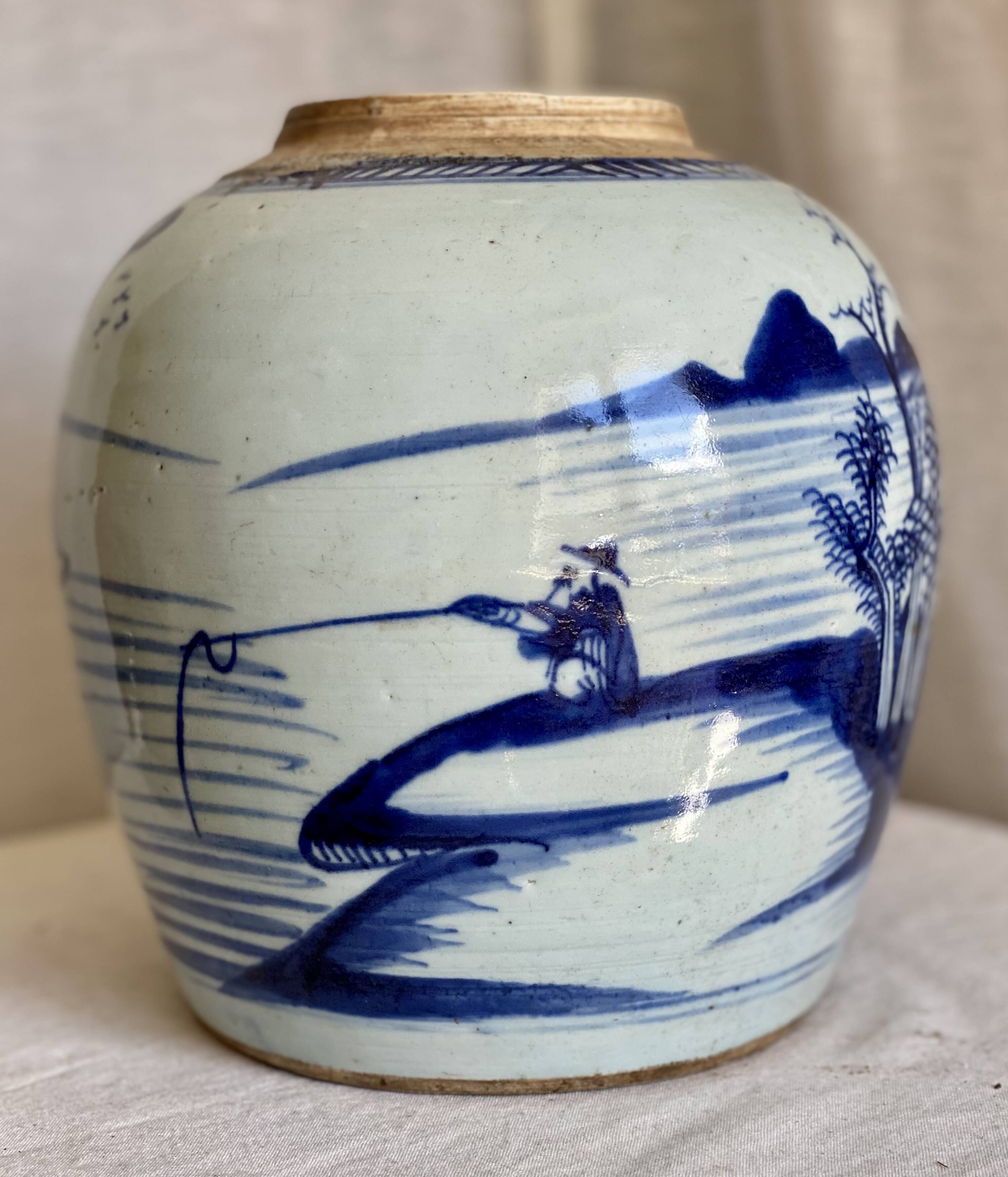 Vase céramique Chinoise XIXé s. blanc bleu pot oriental
