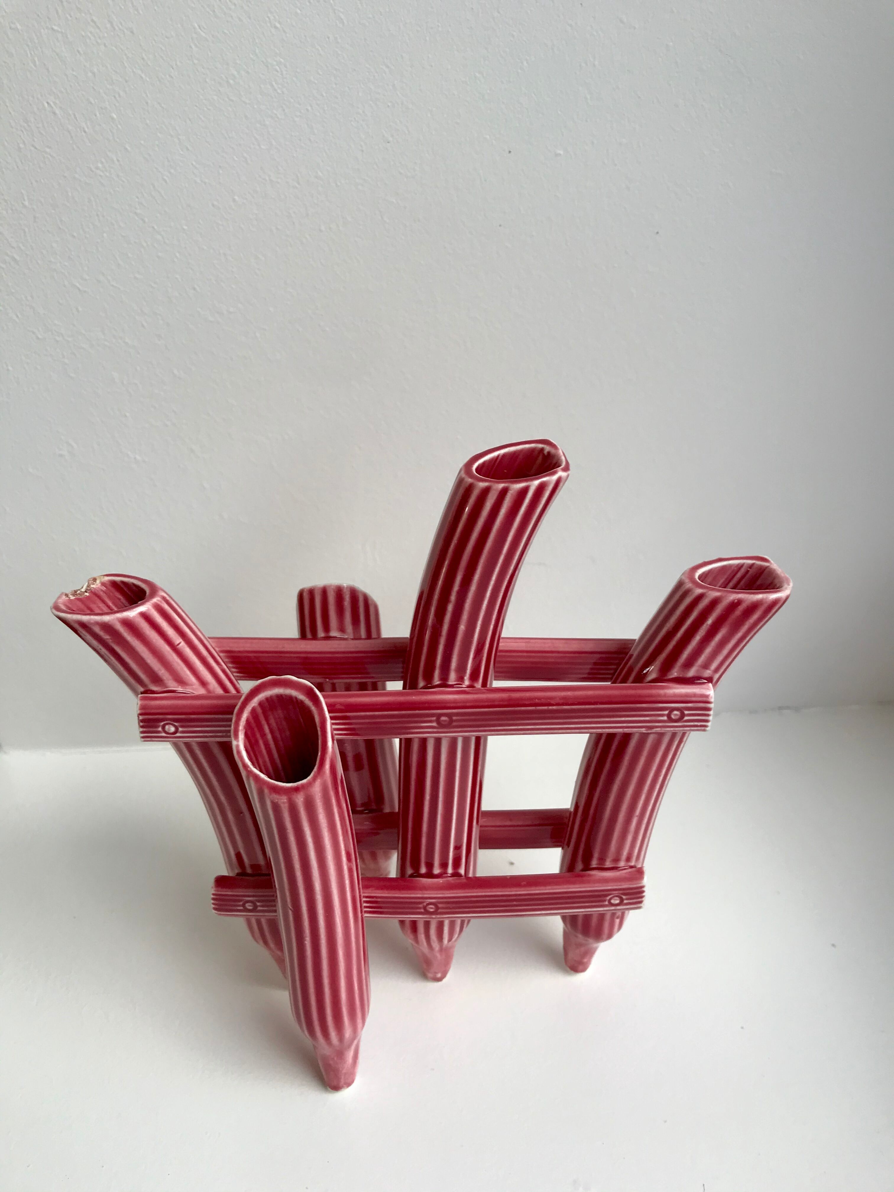 Soliflore en barbotine ancienne bambou rose années 50