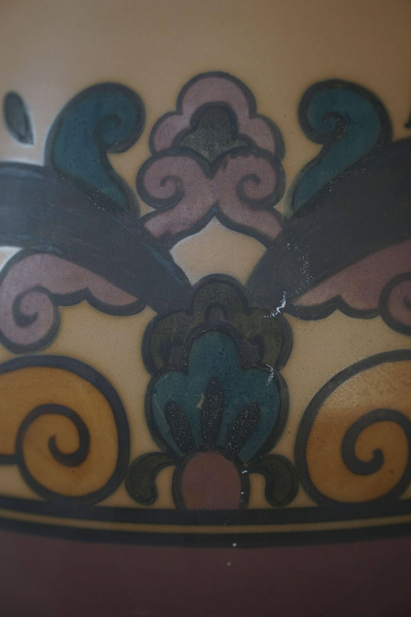 Art Nouveau table lamp in coloured terracotta by L. Hjorth, Bornholm, 1930s.