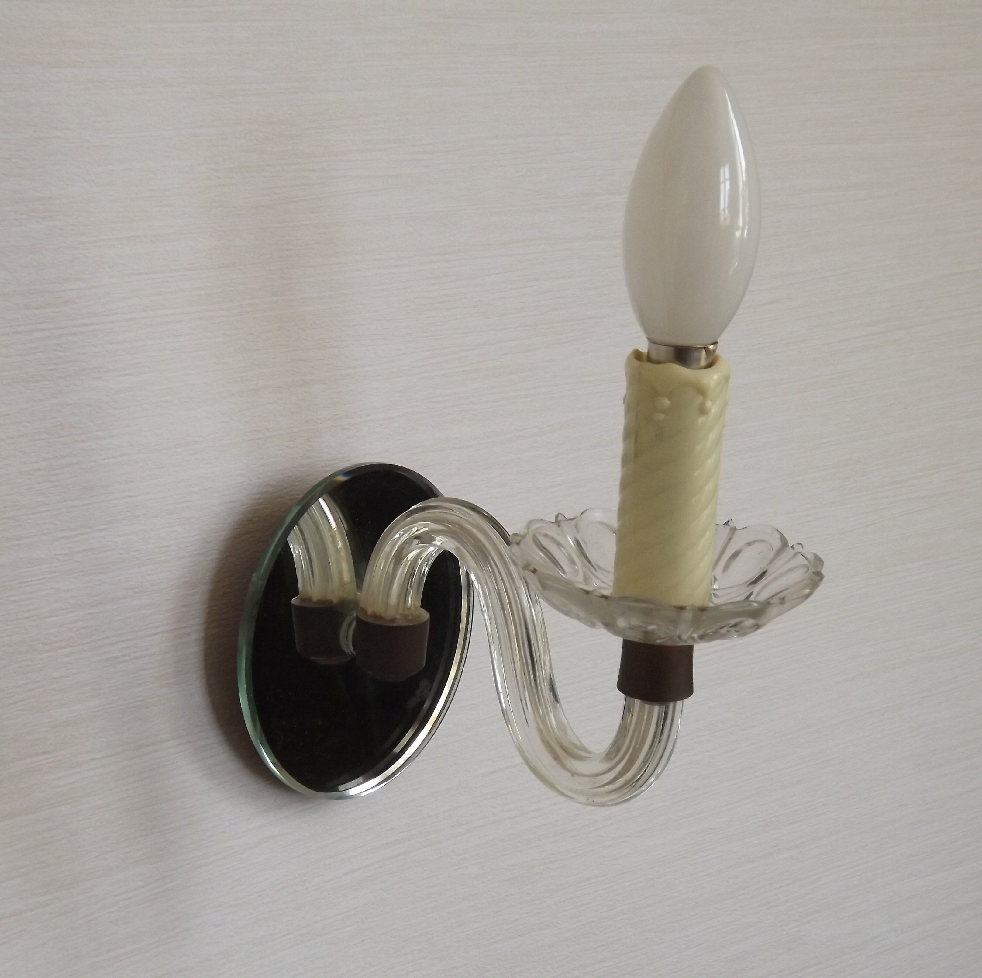 French Vintage Small Mirrored Backplate Wall Sconce Glass Arm & Bobeche