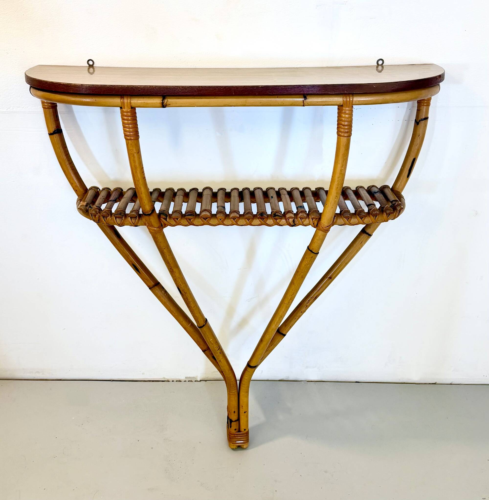 Bamboo and Formica Demilune Console Table with a Lower Shelf, Italy