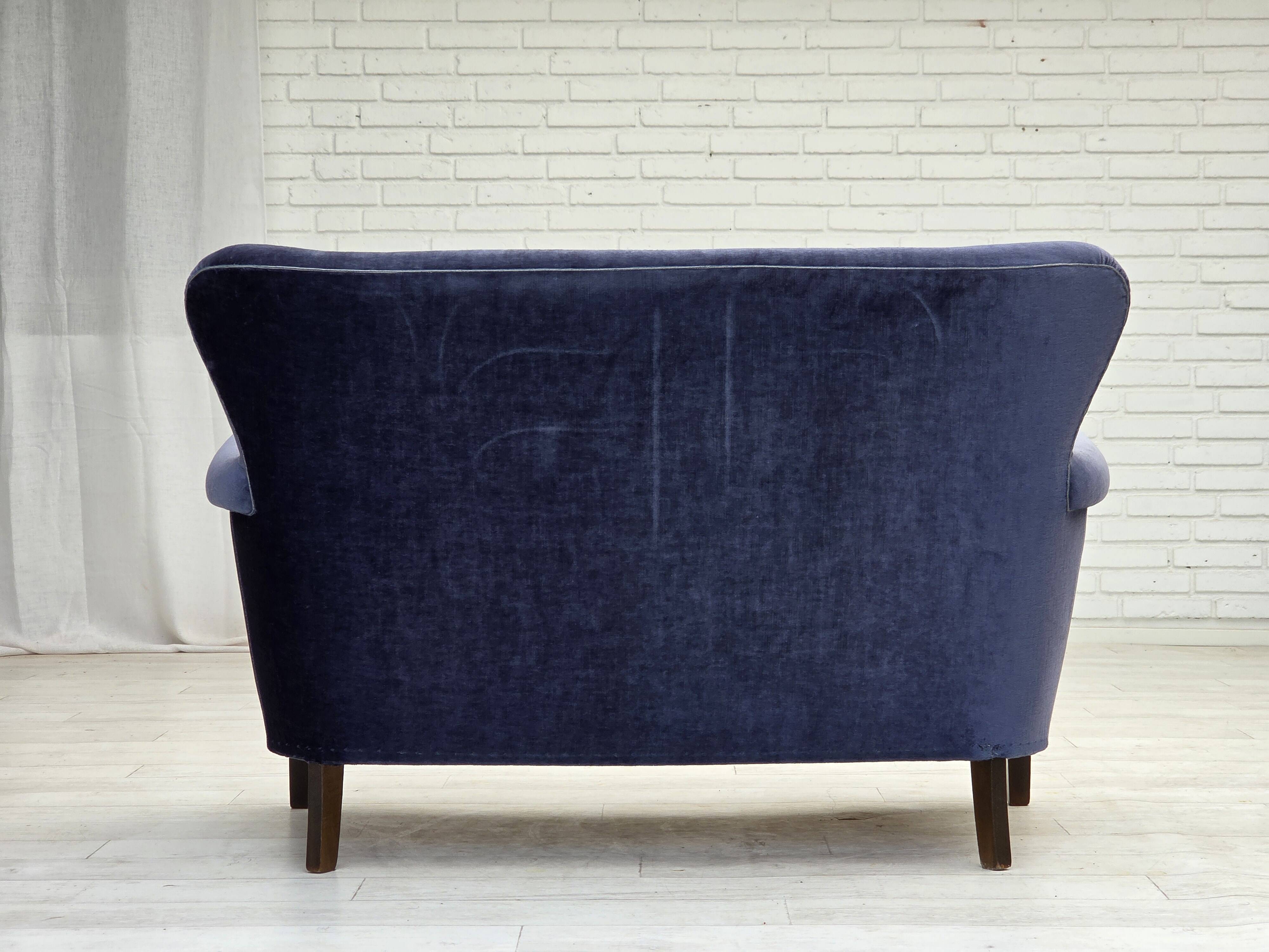 1960s, Danish 2-seater sofa, original blue furniture velour, beech wood.