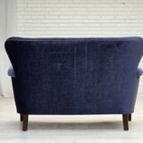 1960s, Danish 2-seater sofa, original blue furniture velour, beech wood.