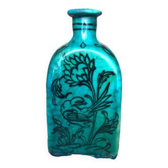 Antique Iranian three-sided blue ceramic bottle