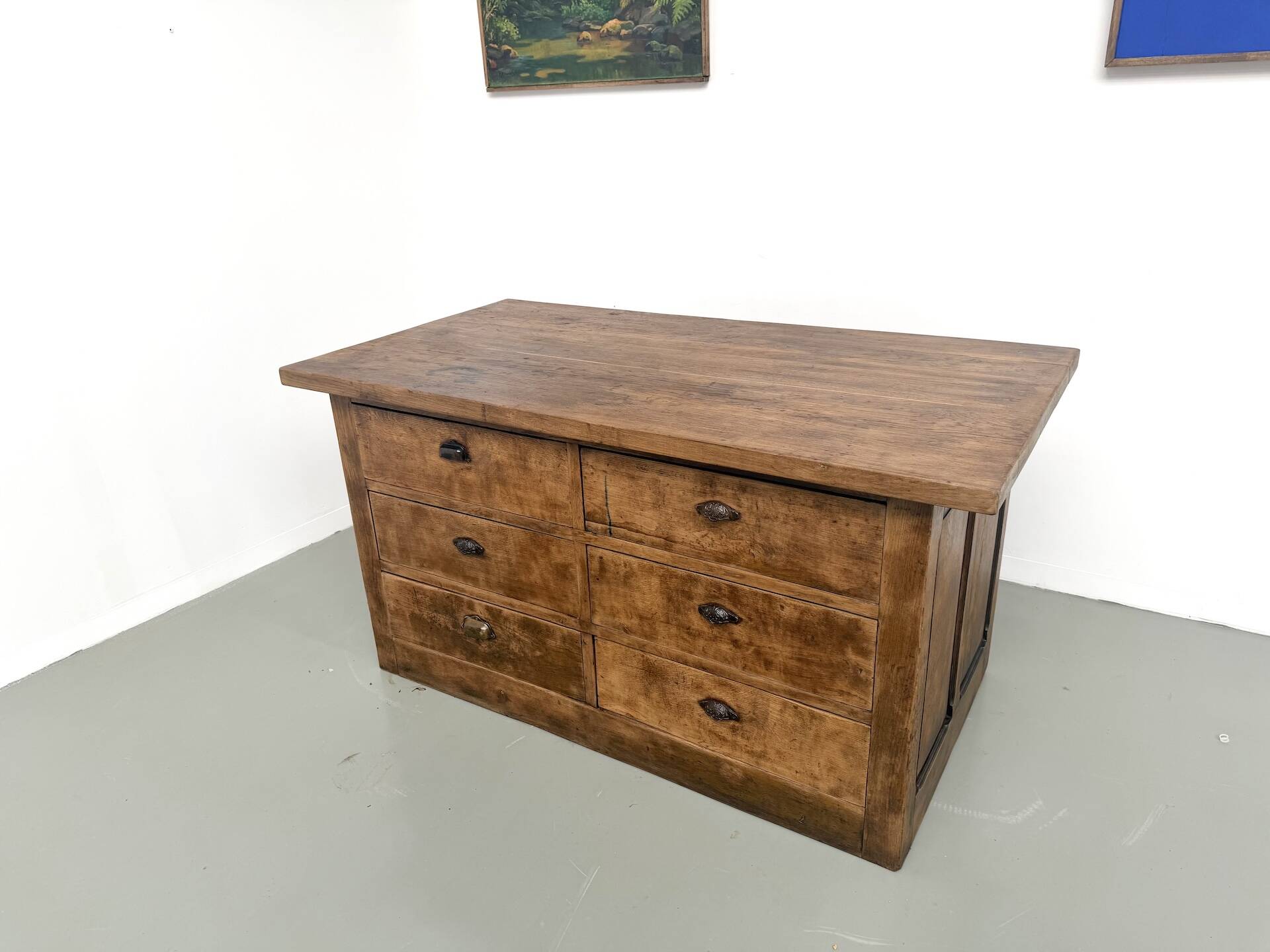 Solid oak trade counter, six drawers, France, circa 1920.