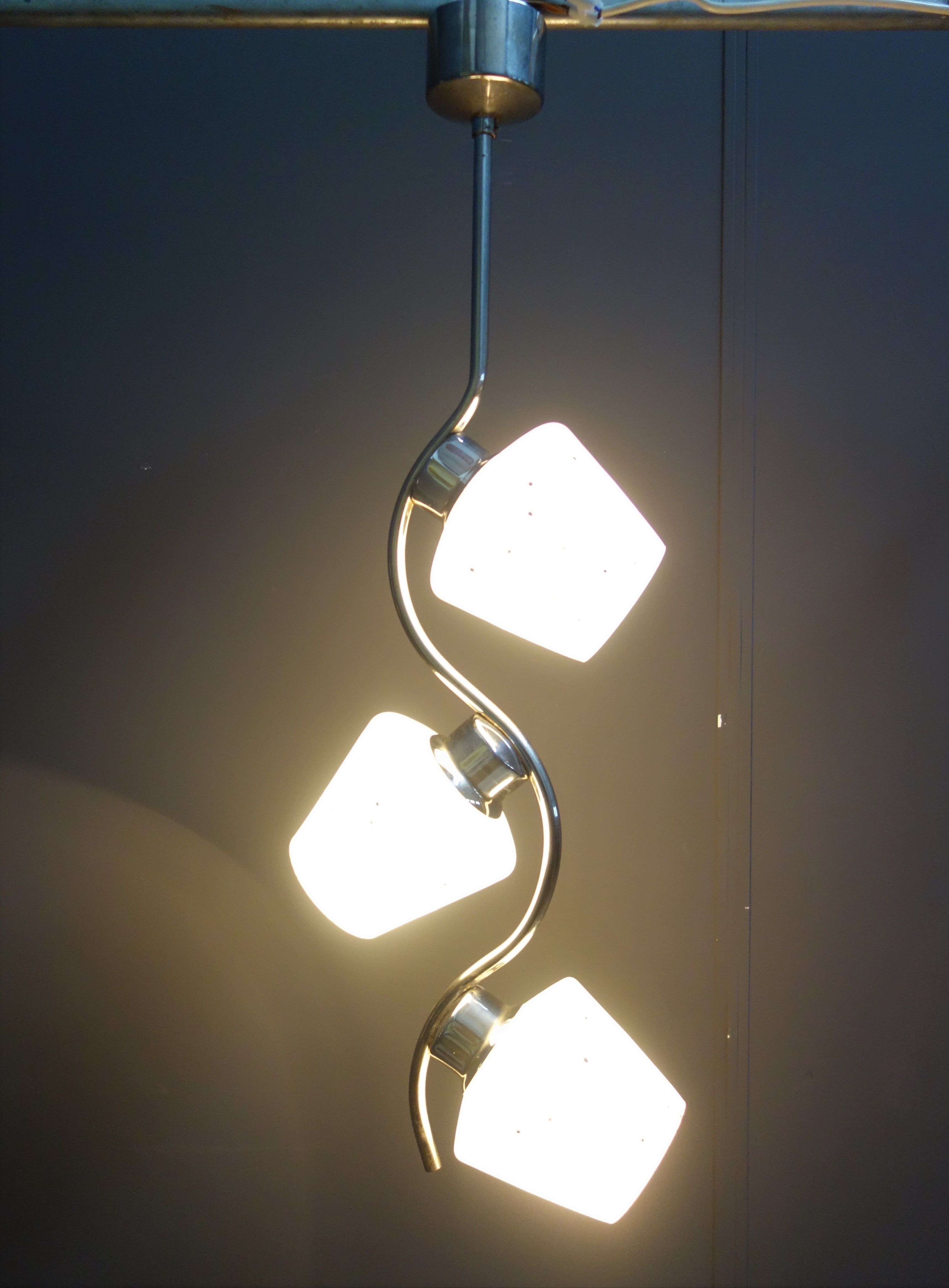 Chrome pendant lamp with 3 white shades 1960s